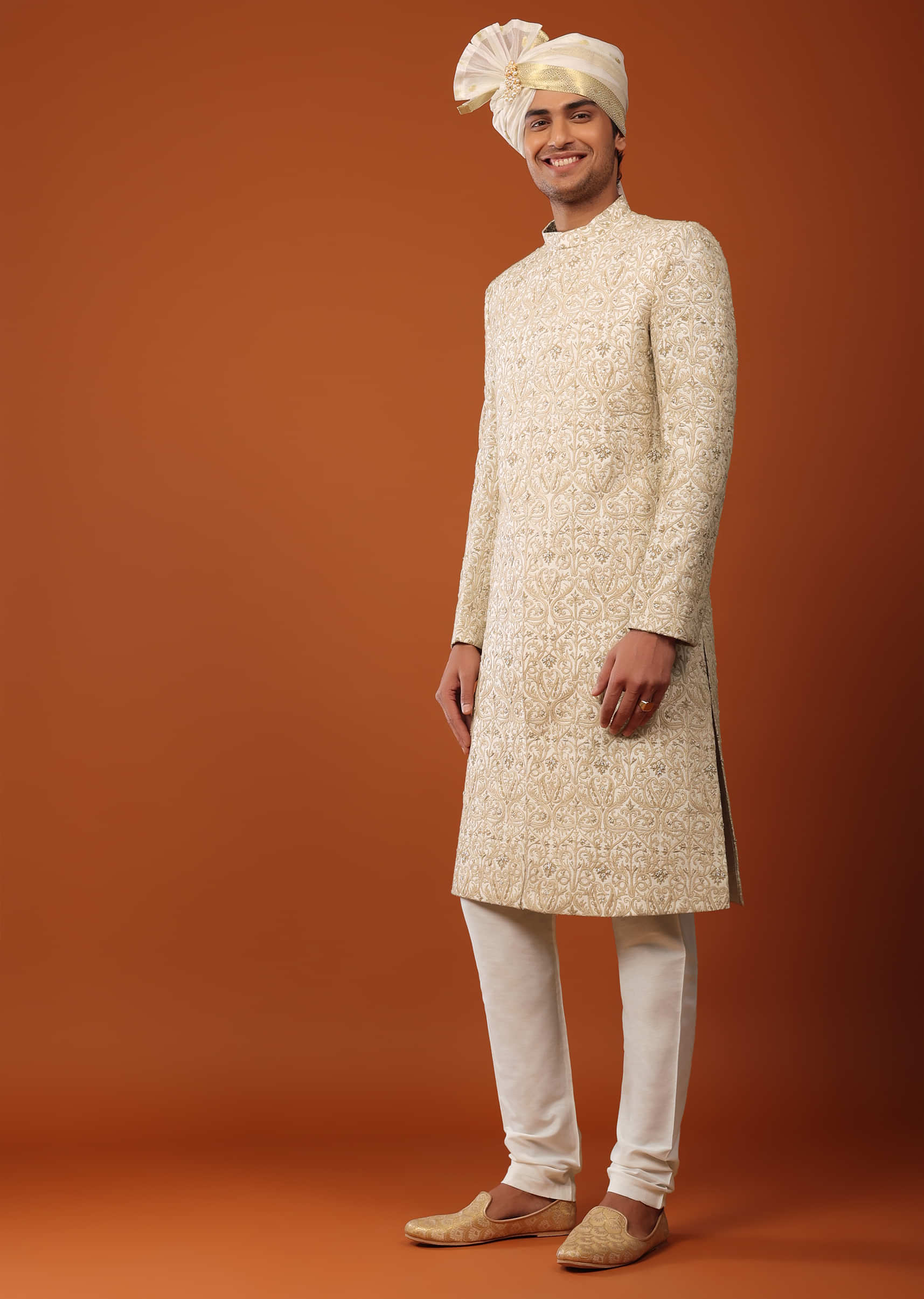 Beige White Sherwani Set In Silk With Threadwork