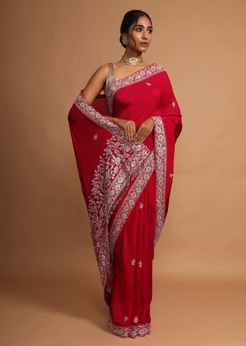 Berry Red Saree In Crepe Silk With French Knots And Zardozi Embroidered Floral Buttis And Border  