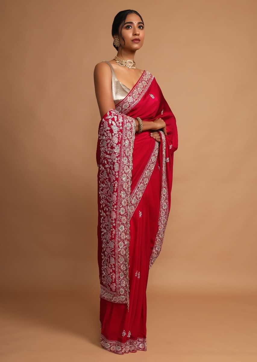 Berry Red Saree In Crepe Silk With French Knots And Zardozi Embroidered Floral Buttis And Border  