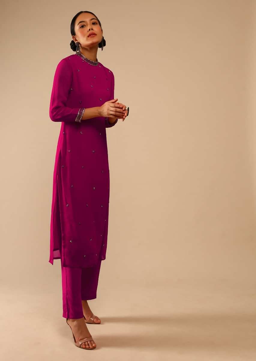 Berry Pink Straight Cut Suit In Georgette With Sequin Embellished Buttis  