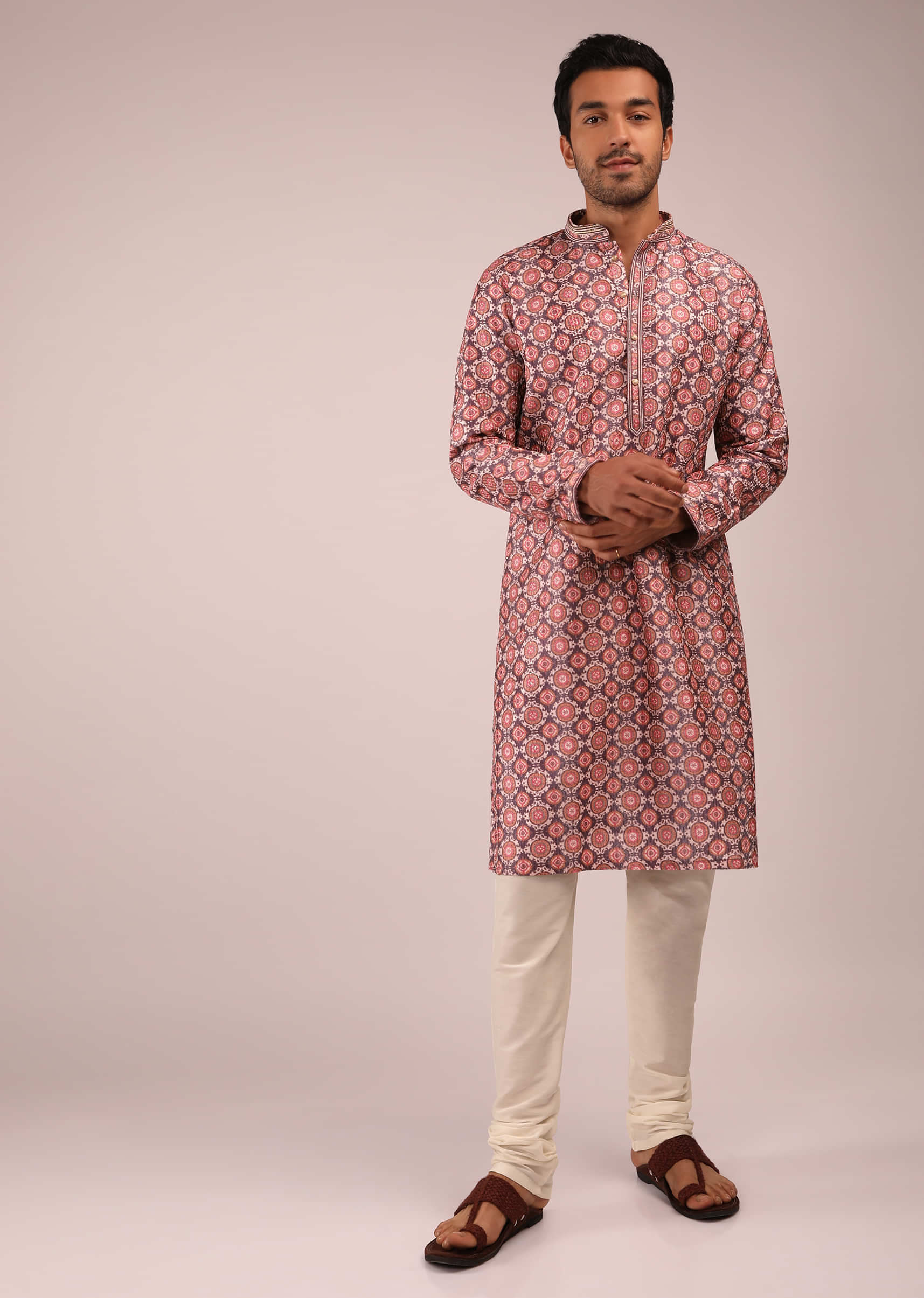 Berry Purple Kurta Set In Silk With Resist Dyed Moroccan Jaal And Sequin Accents