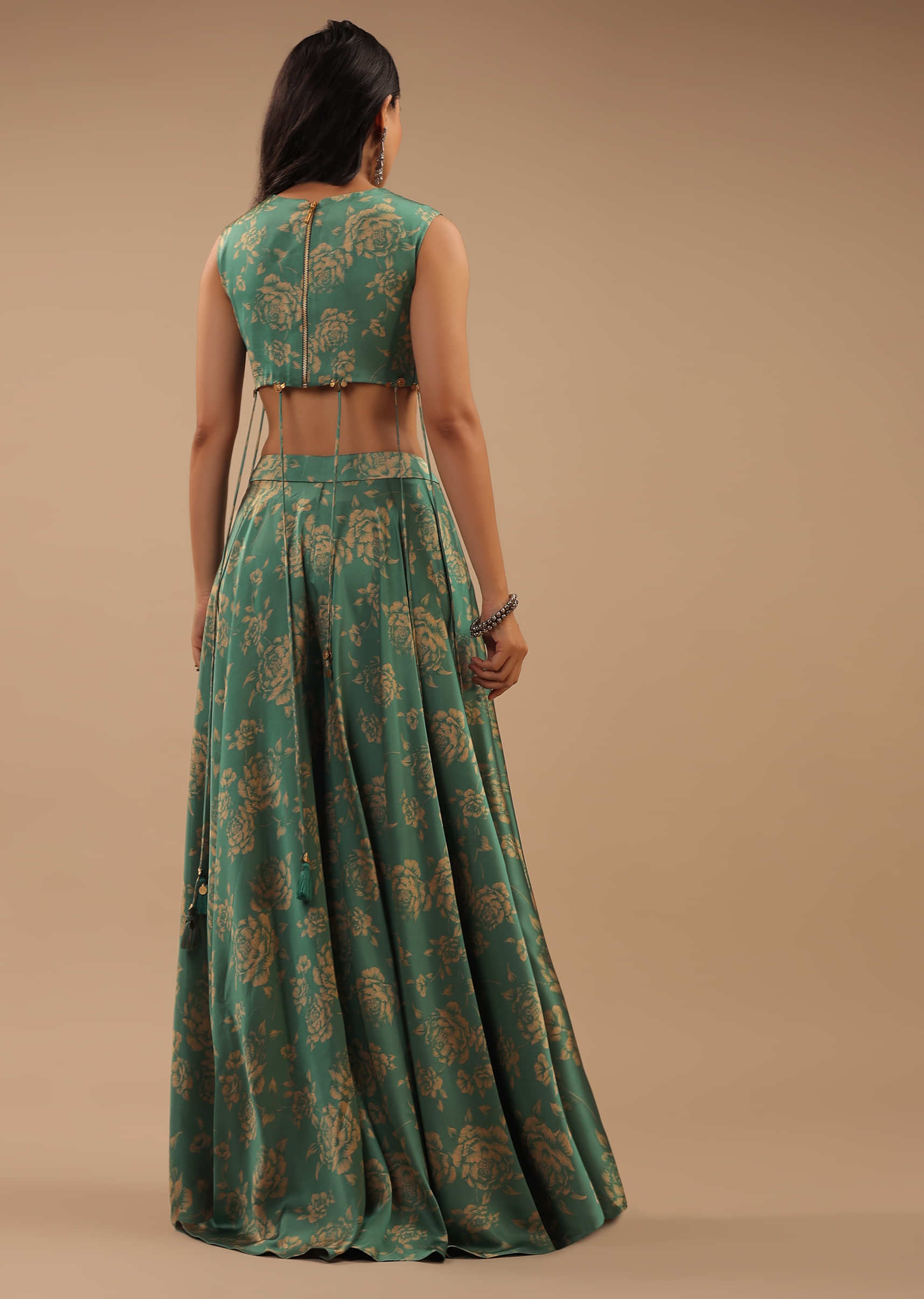 Beryl Green Satin Blouse And Palazzo Pants With Floral Print And Asymmetric Hemline
