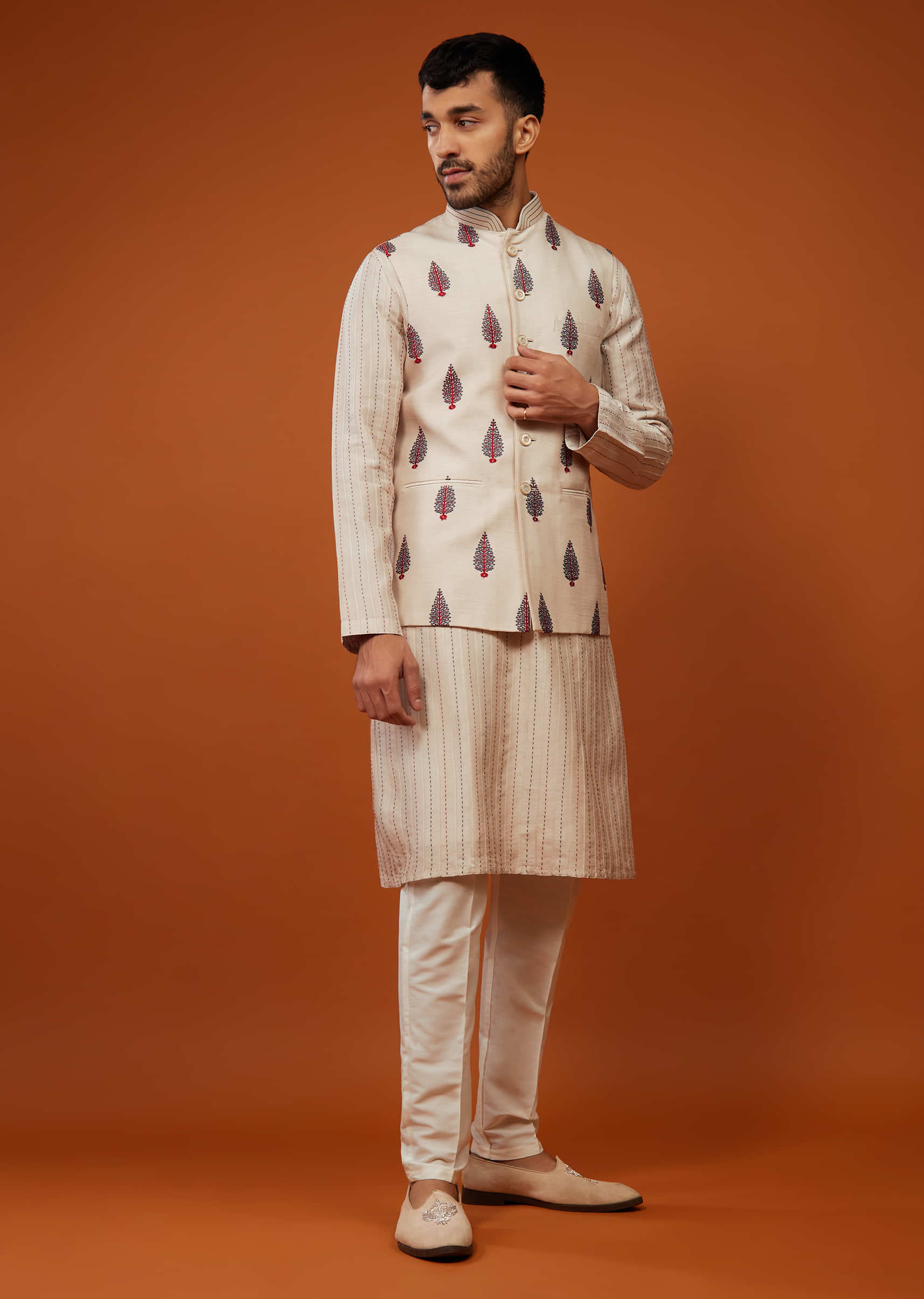 Beige White Motif Embroidered Bandi Jacket Set In Silk