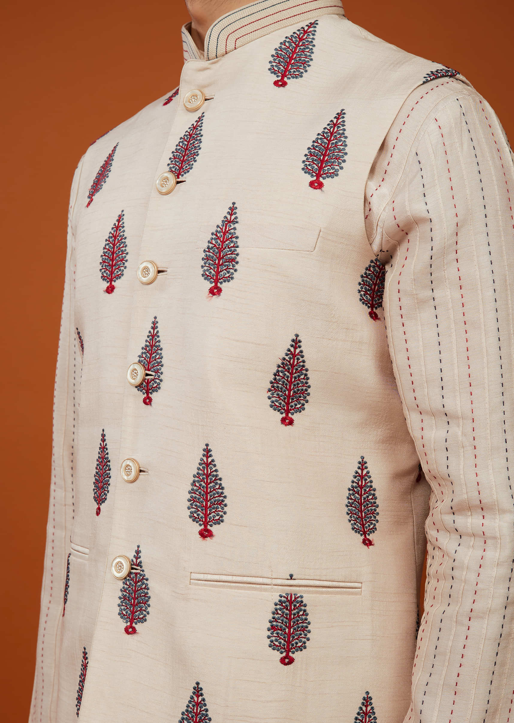 Beige White Motif Embroidered Bandi Jacket Set In Silk