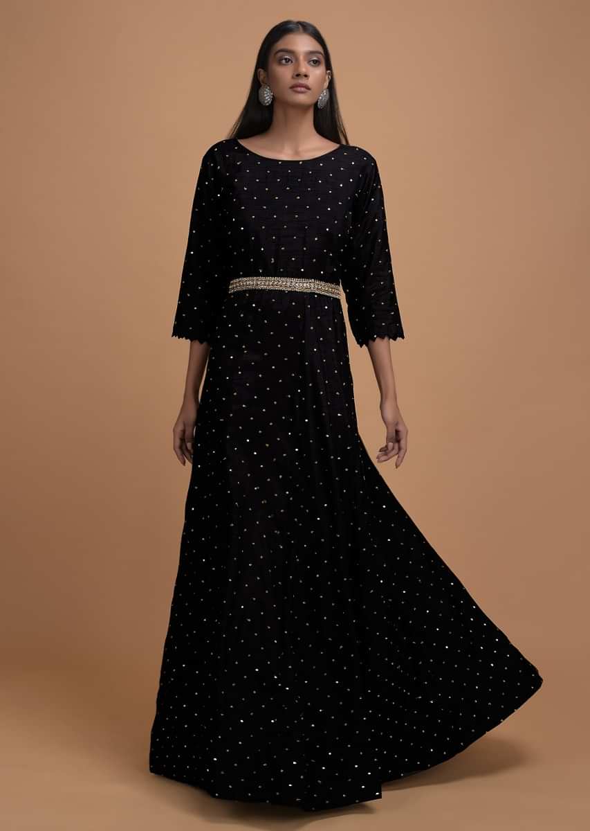 Black Anarkali Suit In Cotton Silk With Sequins And Zari Buttis All Over