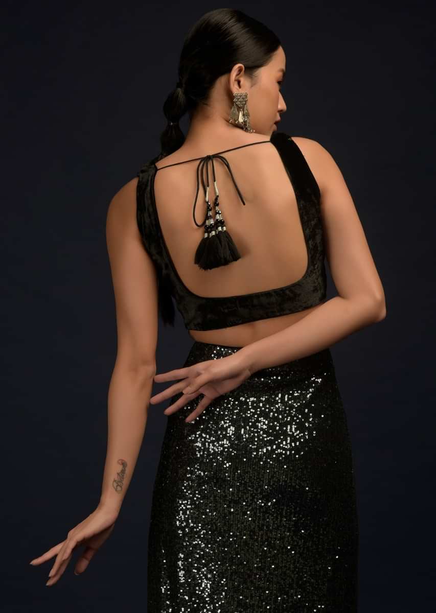 Black And Silver Ready Pleated Saree Embellished In Sequins And Black Velvet Blouse With Scooped Neckline  