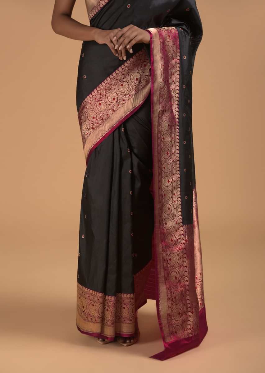 Black Pure Handloom Saree In Silk With Woven Flower Buttis And Magenta Border