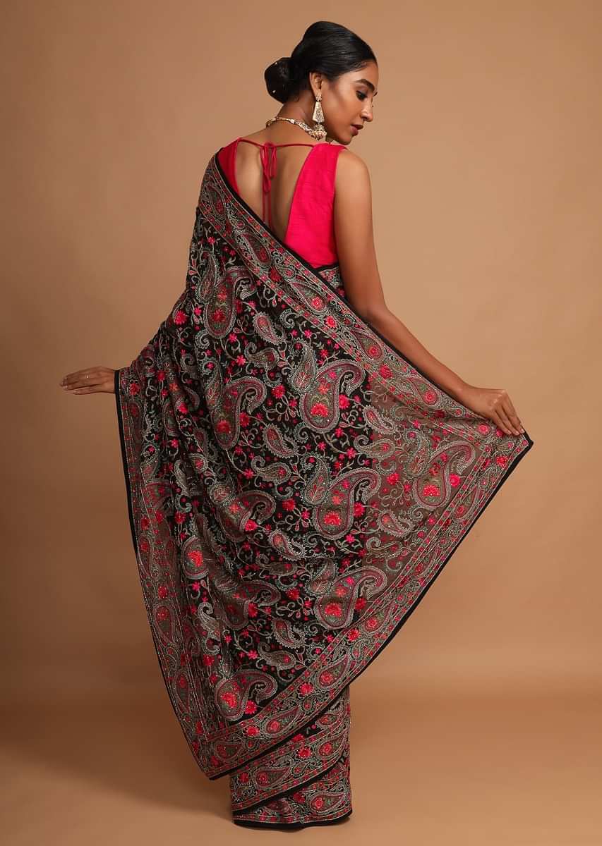 Black Saree In Georgette With Kashmiri Embroidery In Paisley And Floral Jaal