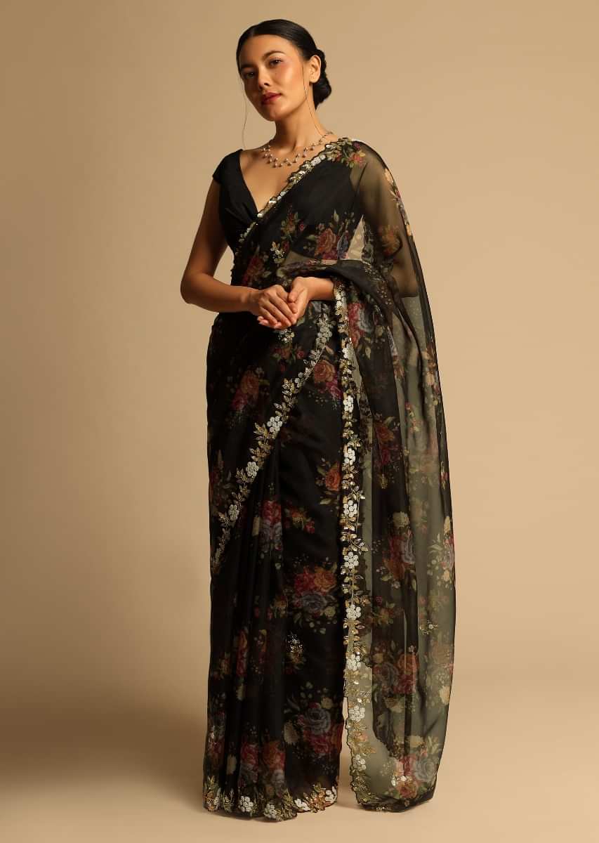 Black Saree In Organza With Floral Print All Over And Moti Embroidered Border Along With Unstitched Blouse