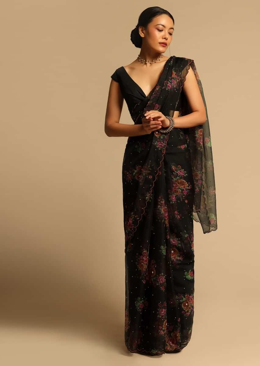 Black Saree In Organza With Floral Print All Over And Scalloped Resham Border Along With Unstitched Blouse