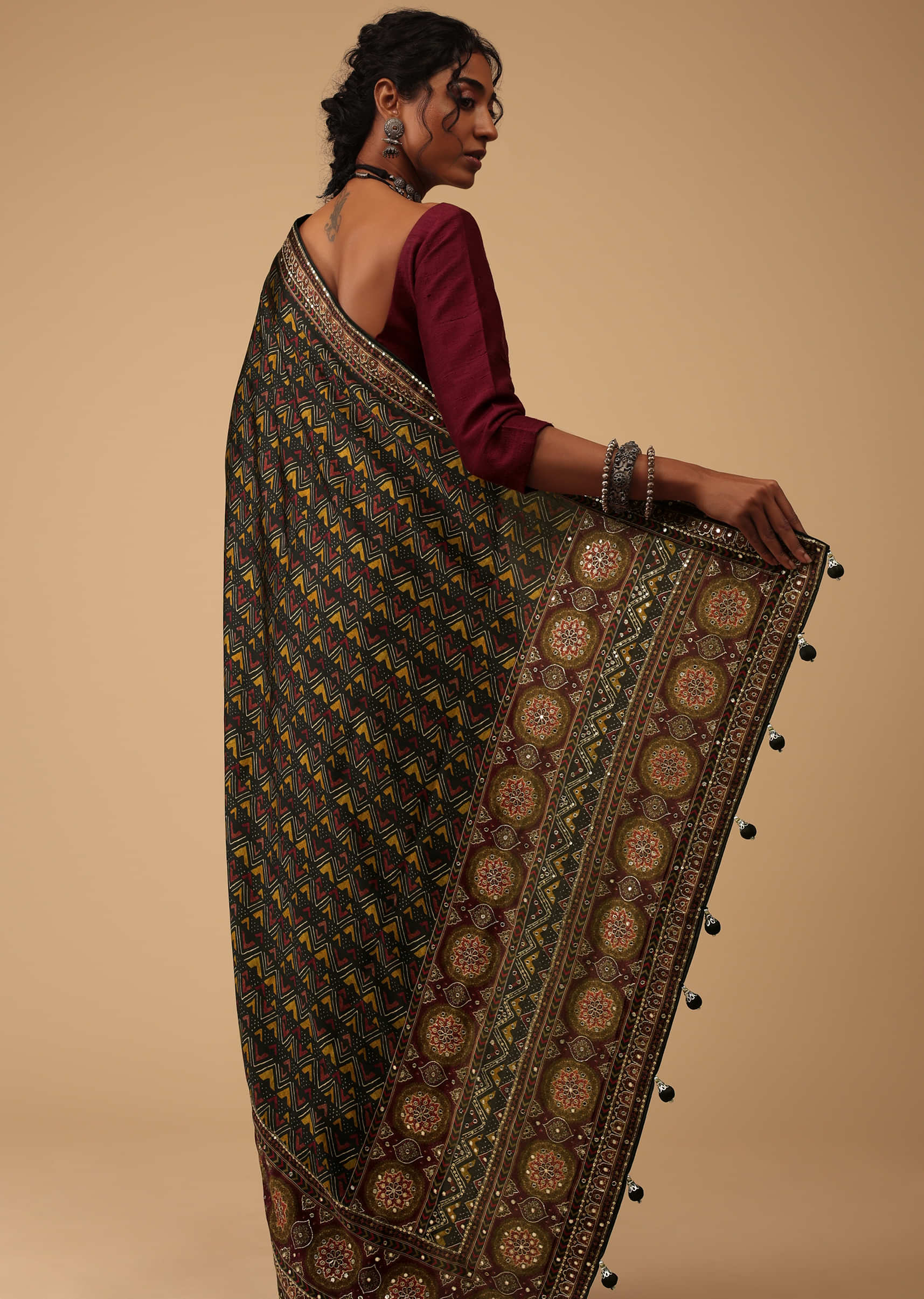 Black Ajrakh Printed Saree In Muslin With Sequins And Mirrors On The Borders