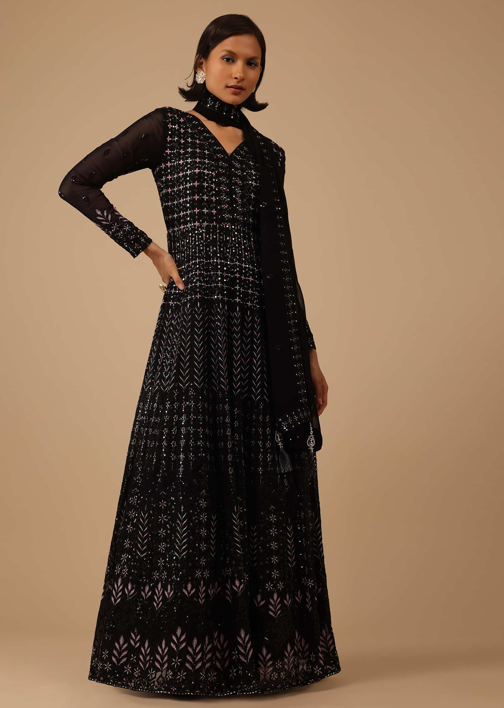 Black Anarkali Suit Set in Georgette With Multi-Color Sequence, Resham, And Abla Embroidery