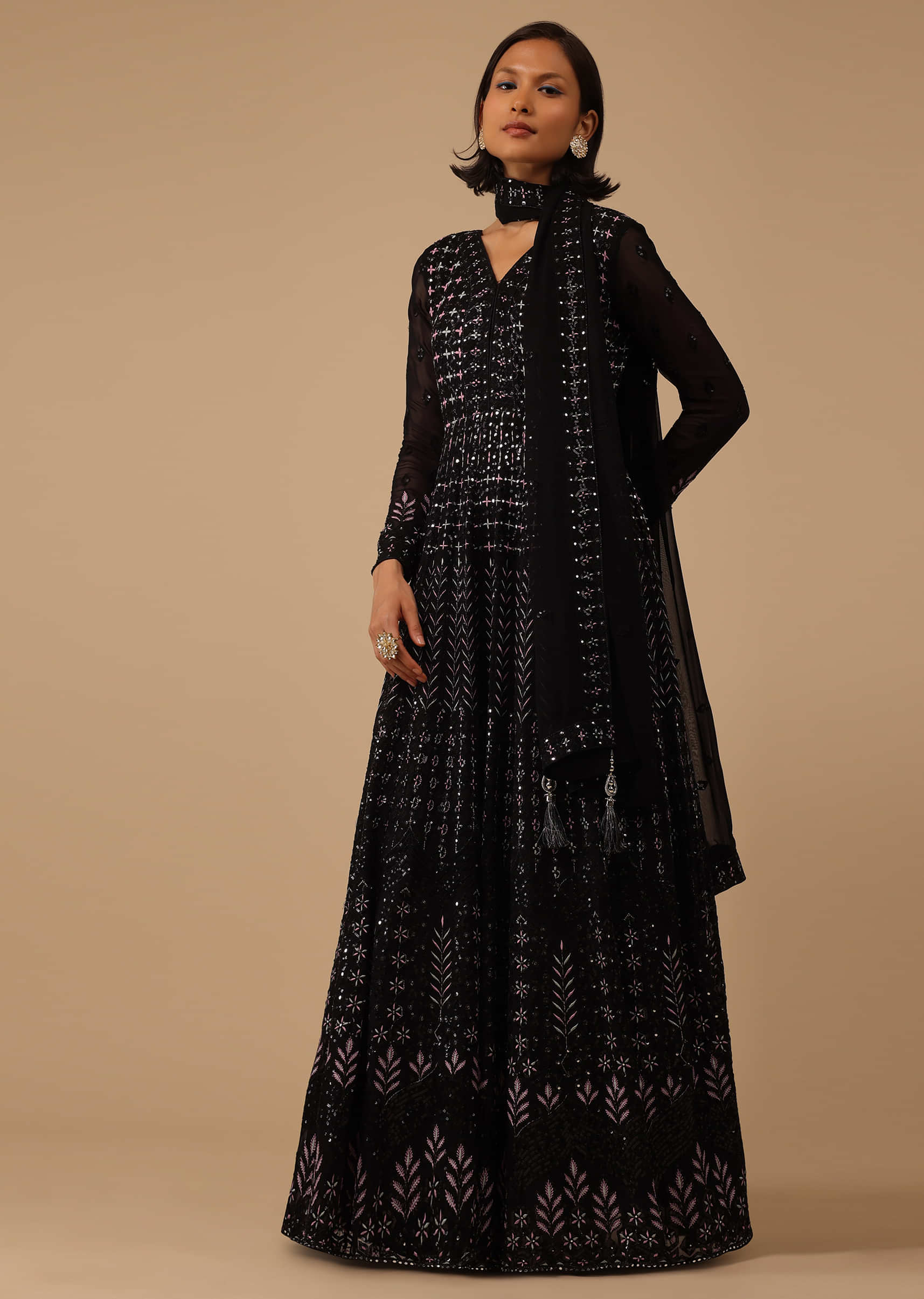 Black Anarkali Suit Set in Georgette With Multi-Color Sequence, Resham, And Abla Embroidery