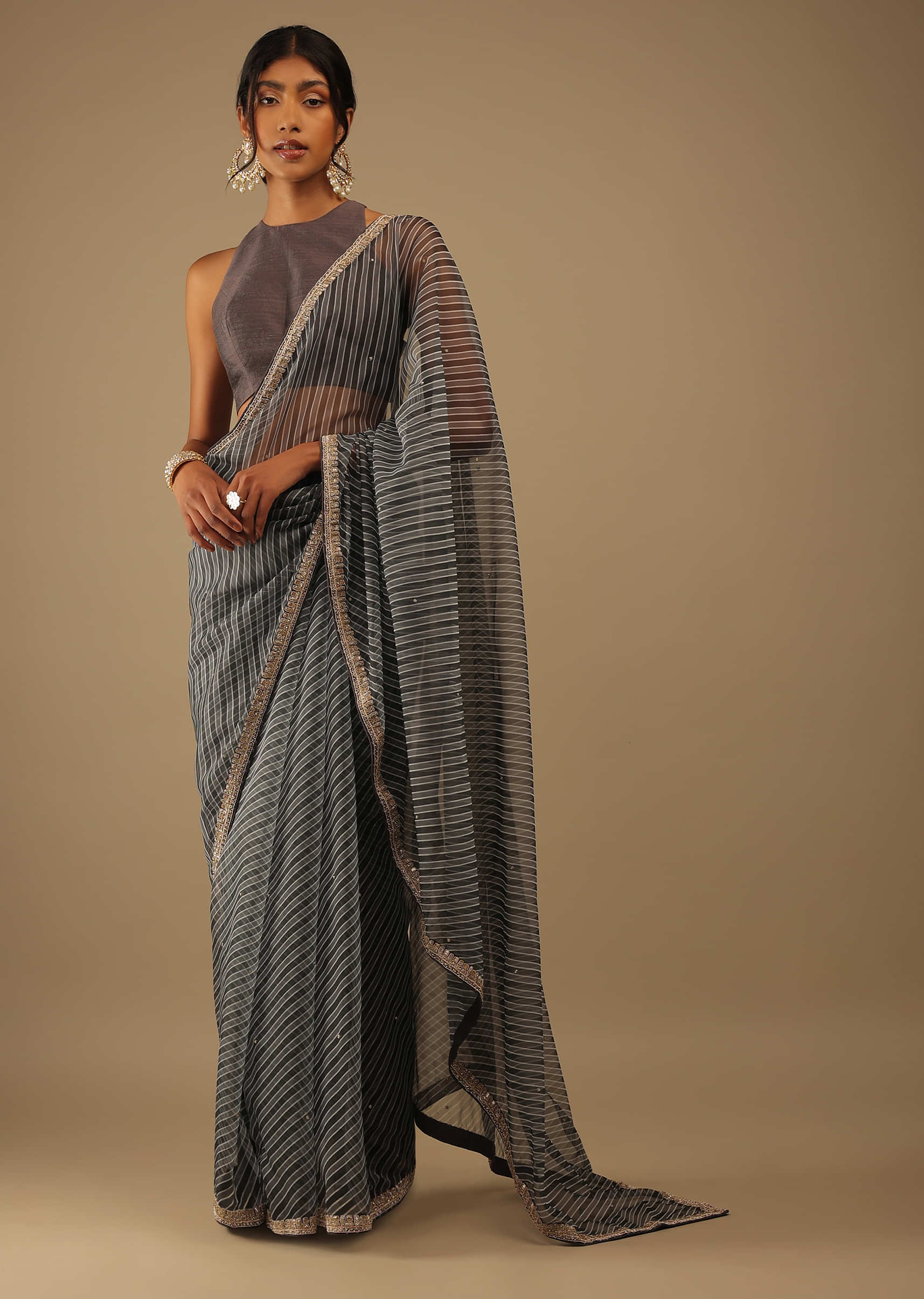 Black And Grey Leheriya Print Saree With Cut Dana Embroidery, Crafted In Silk Organza With Moti Floral Embroidery Buttis