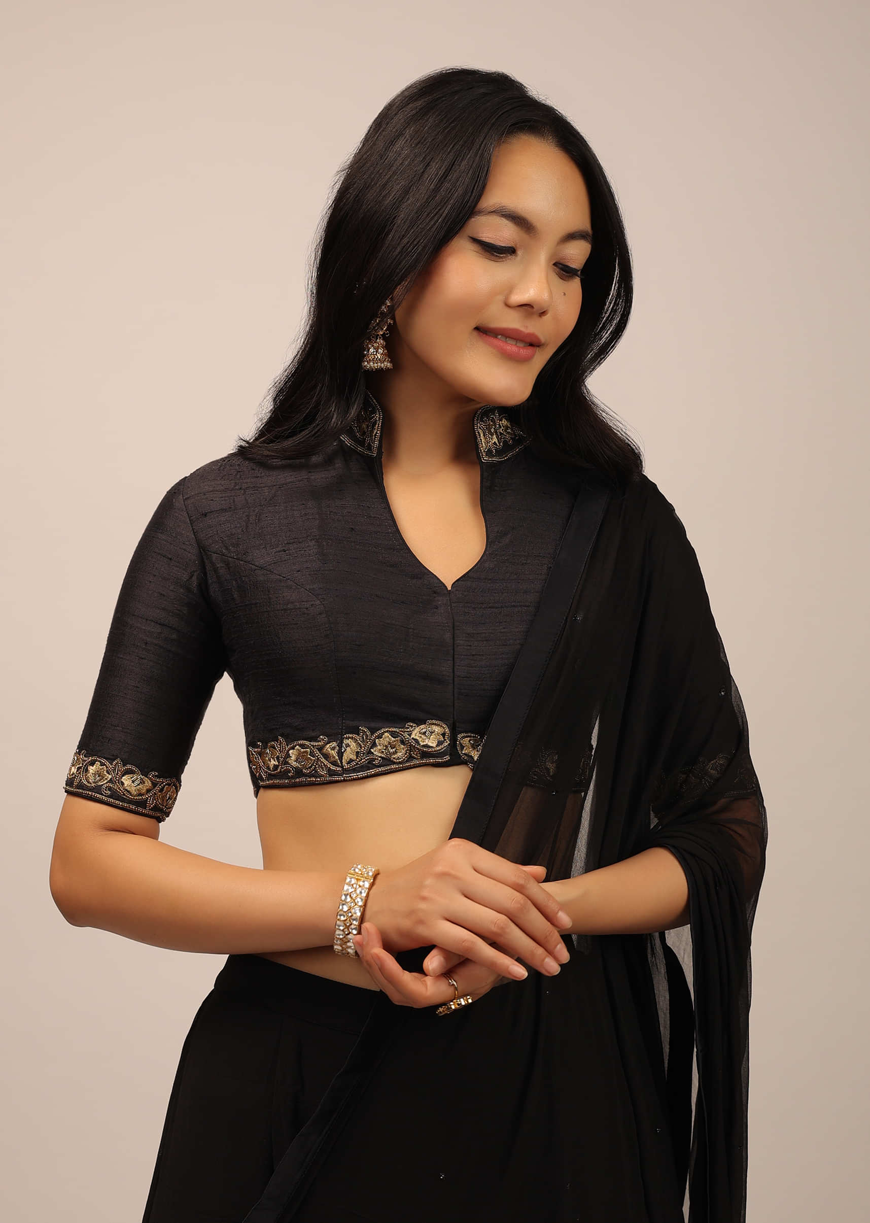 Black Blouse In Raw Silk With Resham And Cut Dana Embroidered Floral Motifs And Mandarin Collar Neckline