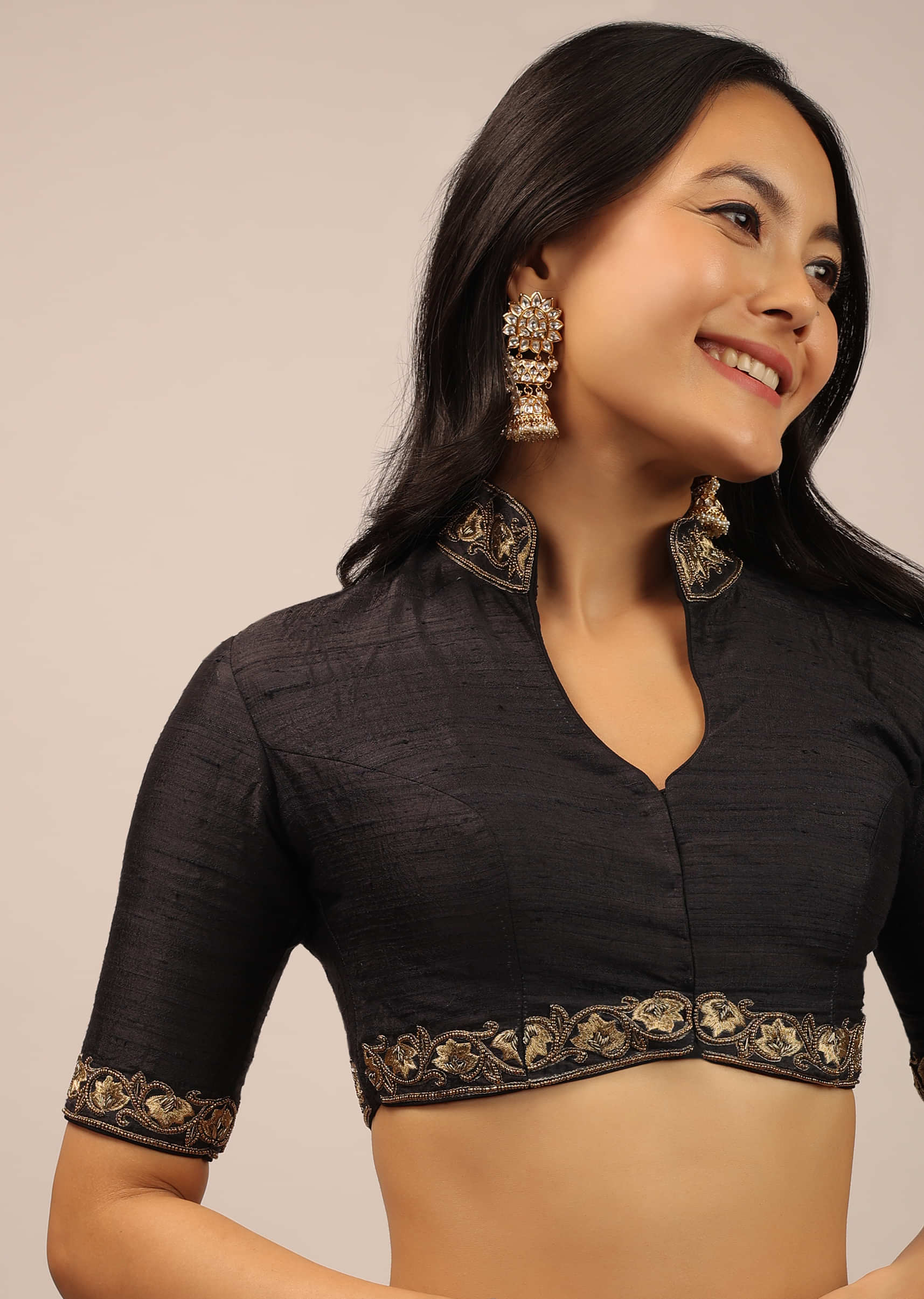 Black Blouse In Raw Silk With Resham And Cut Dana Embroidered Floral Motifs And Mandarin Collar Neckline
