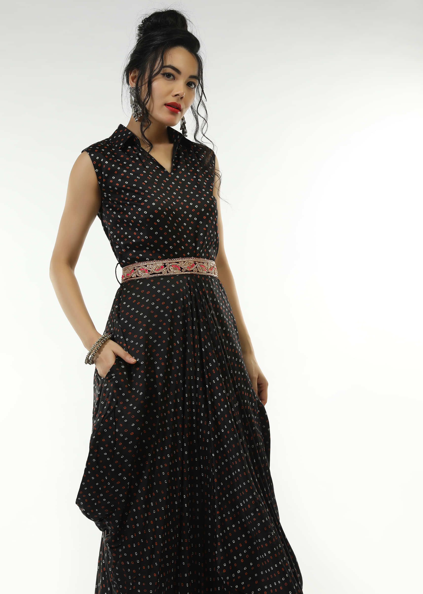 Black Cowl Dress In Satin Blend With Bandhani And And Zardosi Embroidered Red Belt  