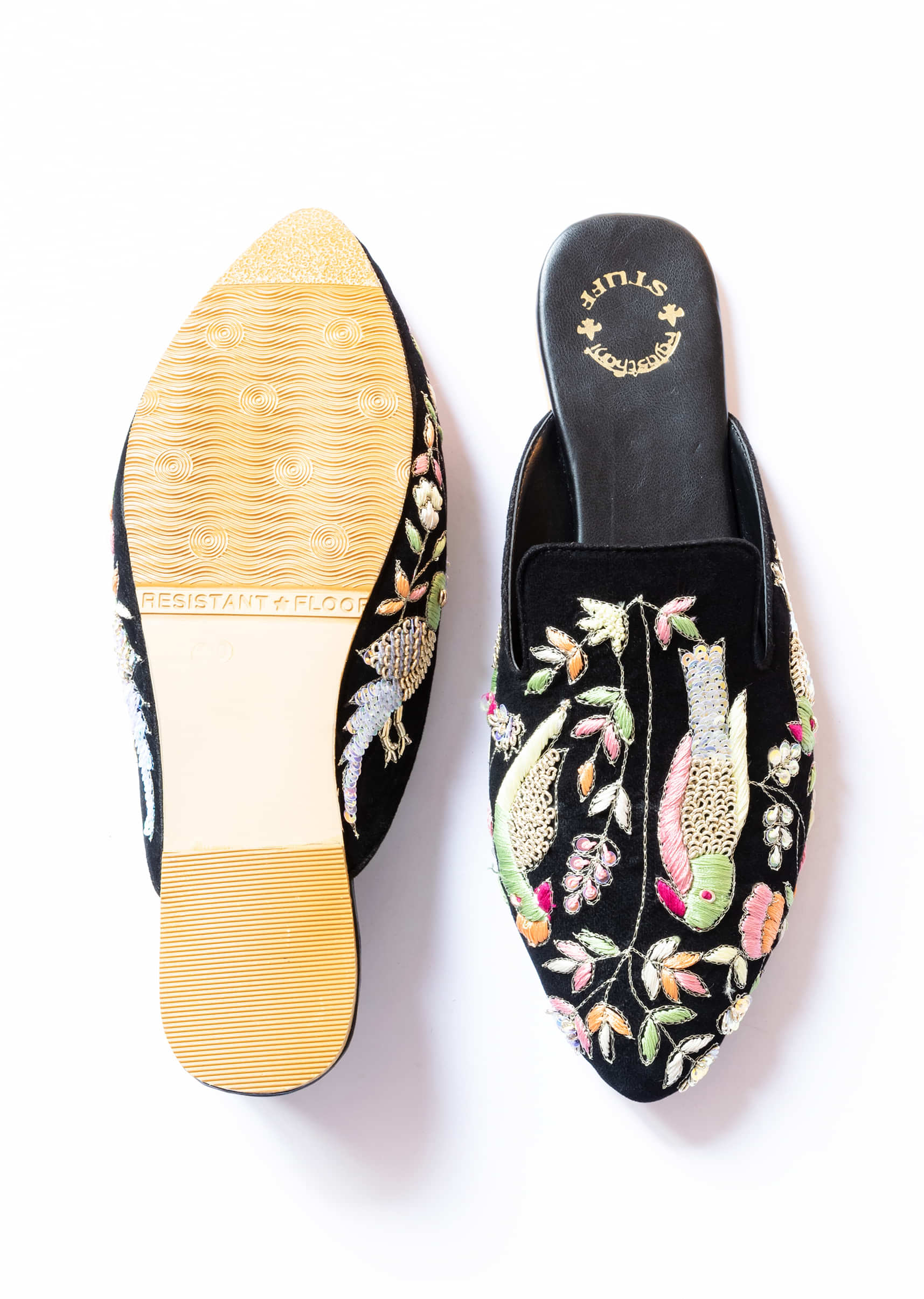 Black Embroidered Mules In Suede With Zari Work