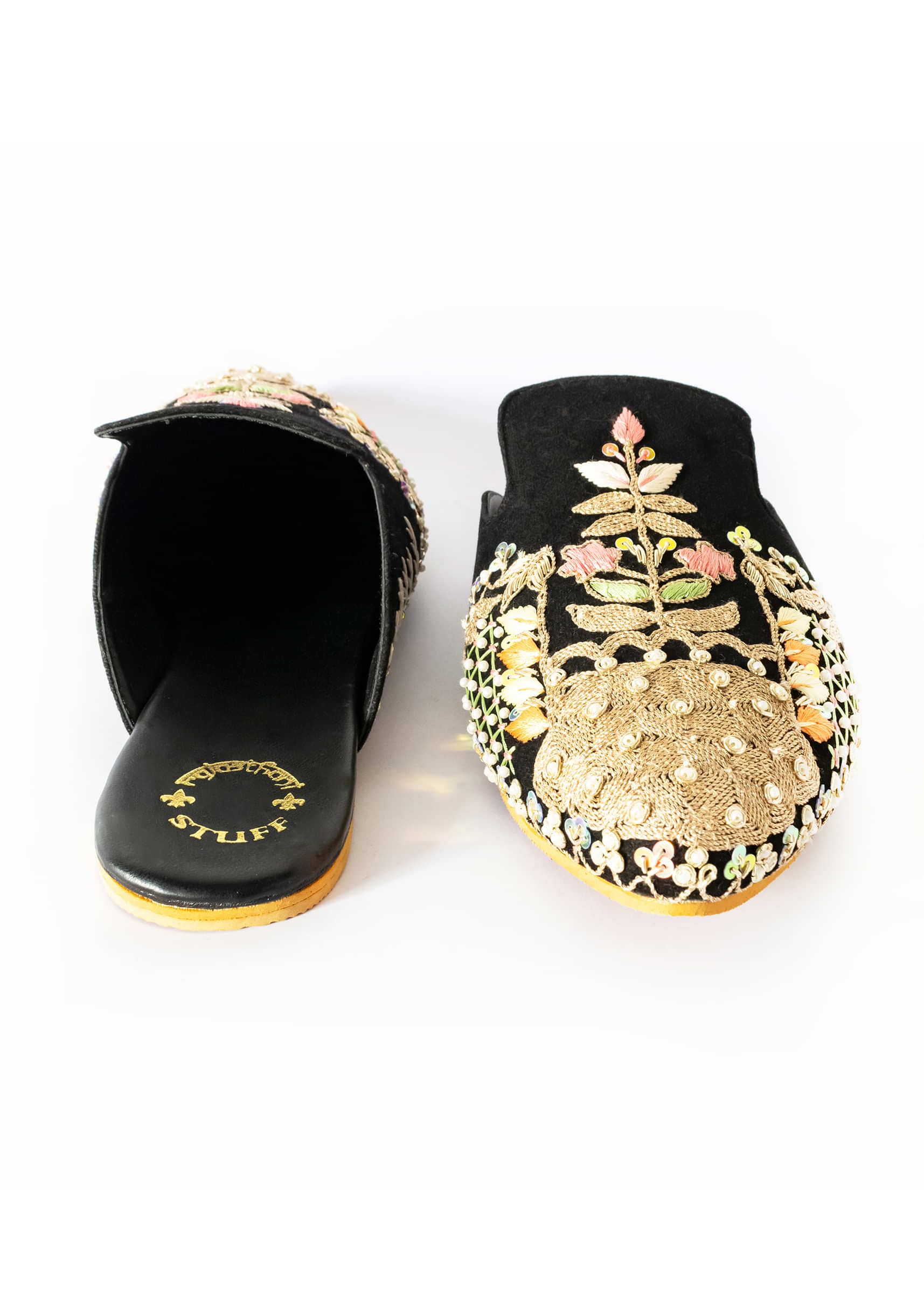 Black Embroidered Mules In Suede With Zari And Sequins Work