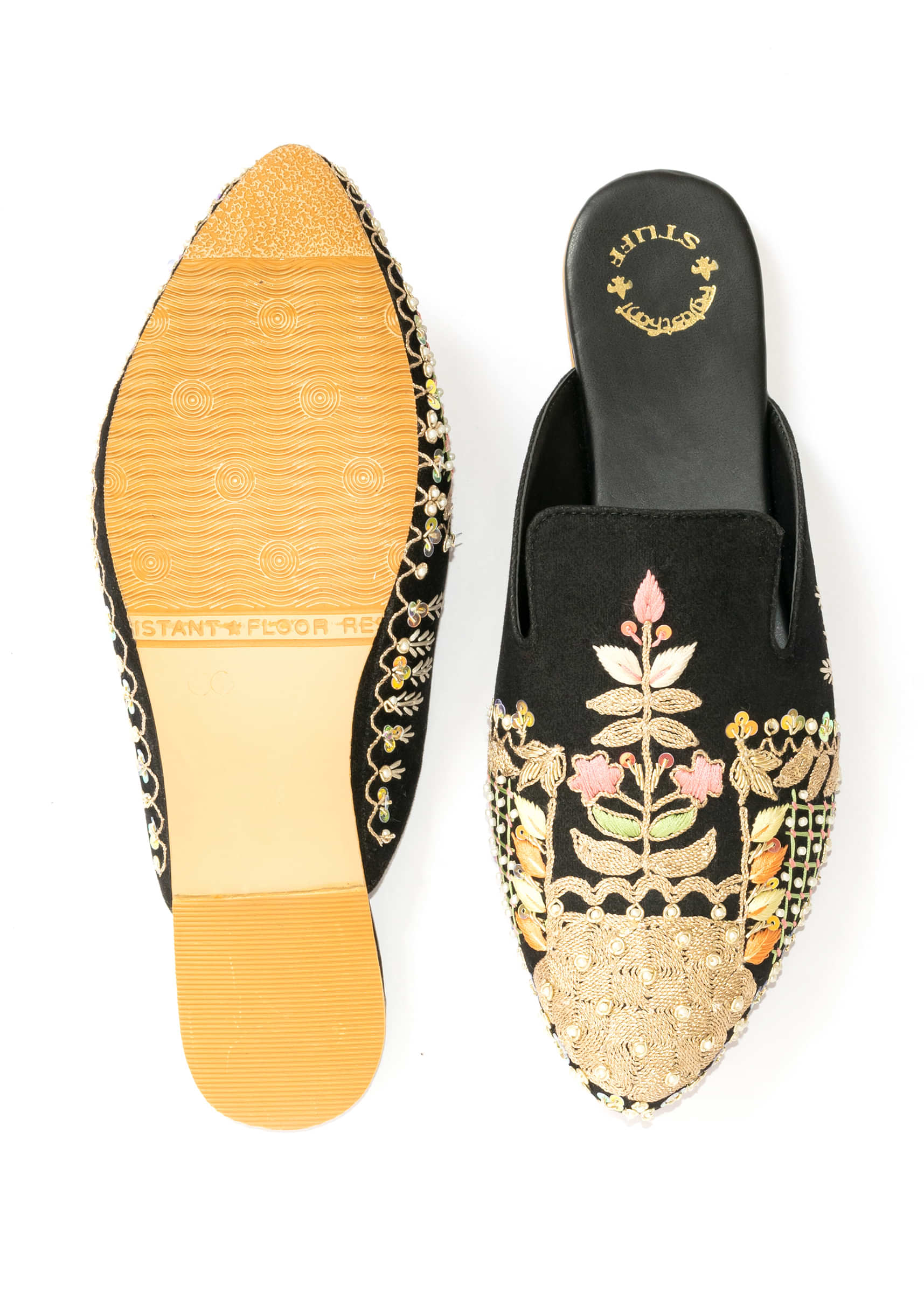 Black Embroidered Mules In Suede With Zari And Sequins Work