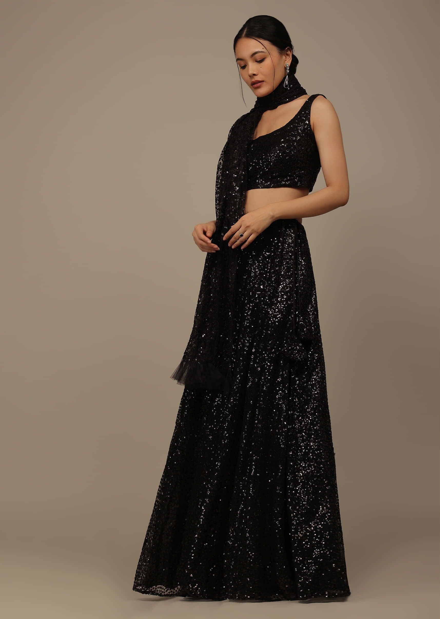 Black Festive Sequins Embroidered Lehenga Set In Raschel Net Fabric