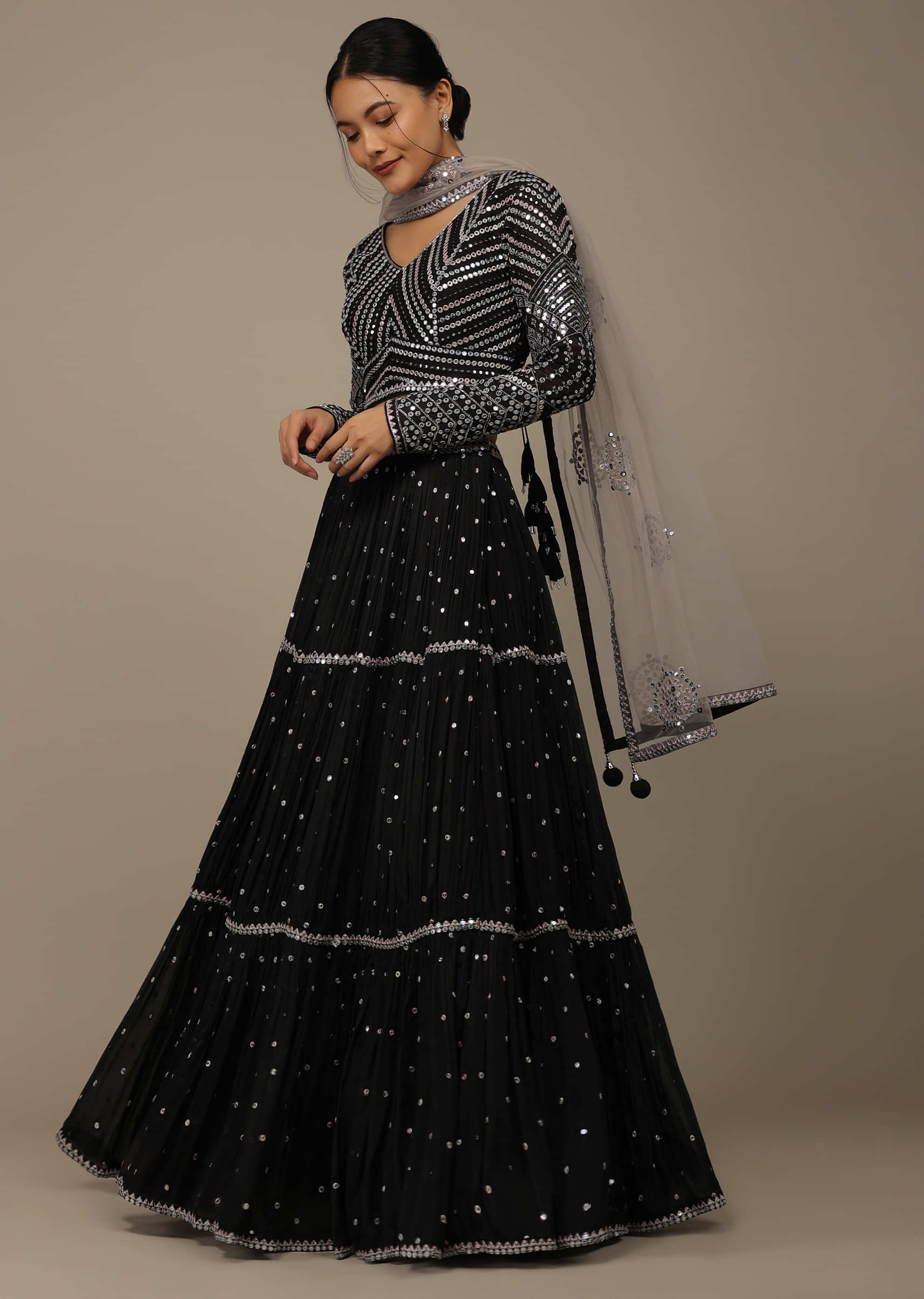 Black Festive Sequins Embroidered Lehenga Set In Chinon