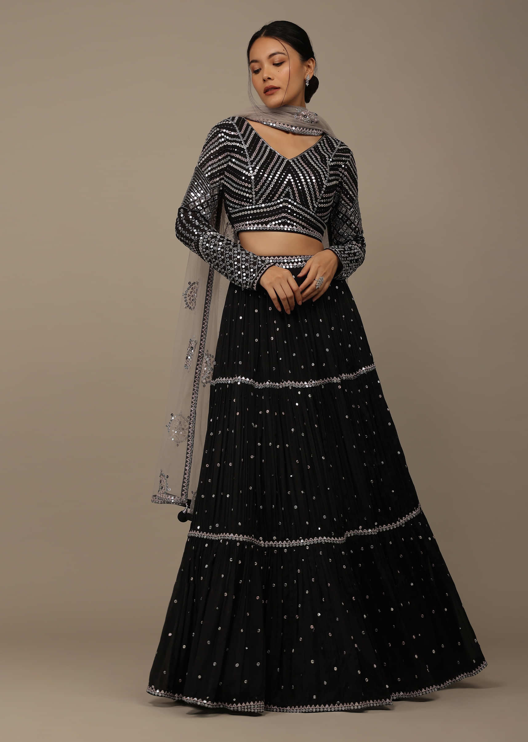Black Festive Sequins Embroidered Lehenga Set In Chinon
