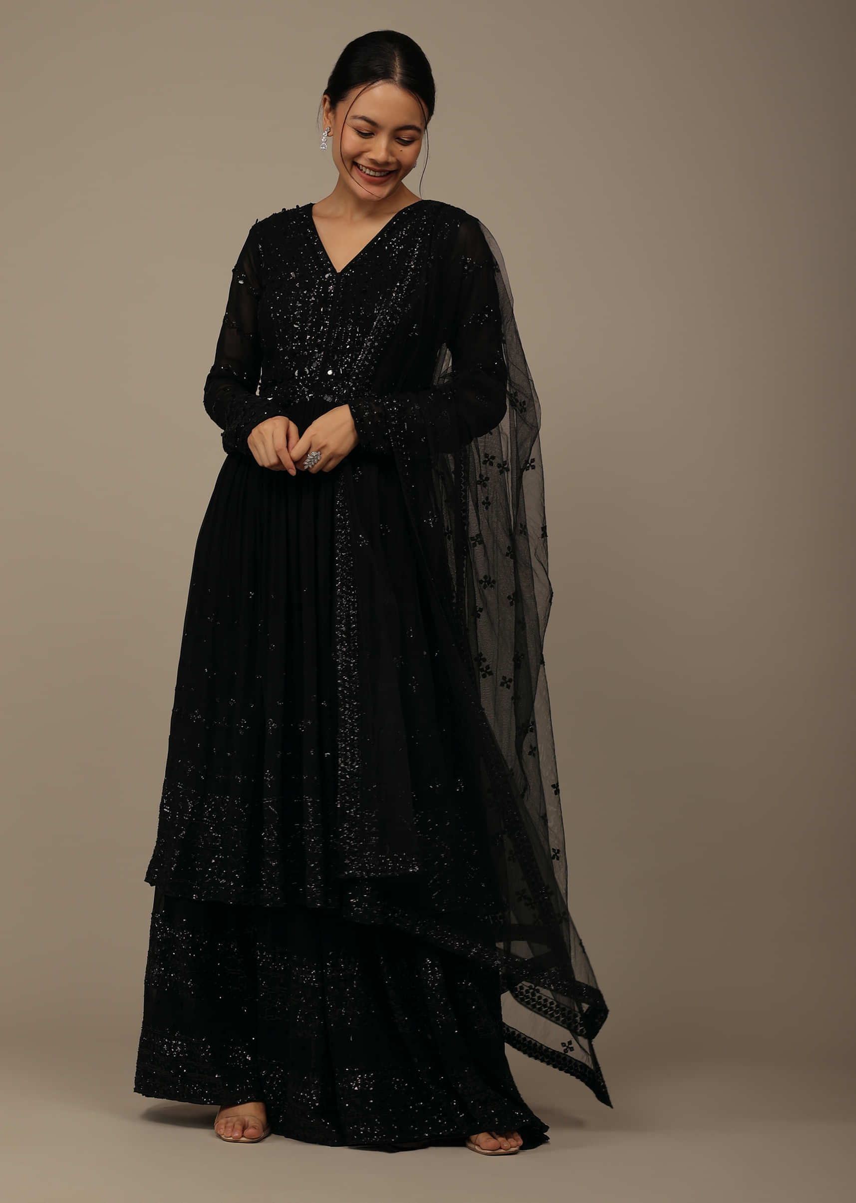 Black Festive Sharara Suit Set In Georgette With Sequins Embroidery