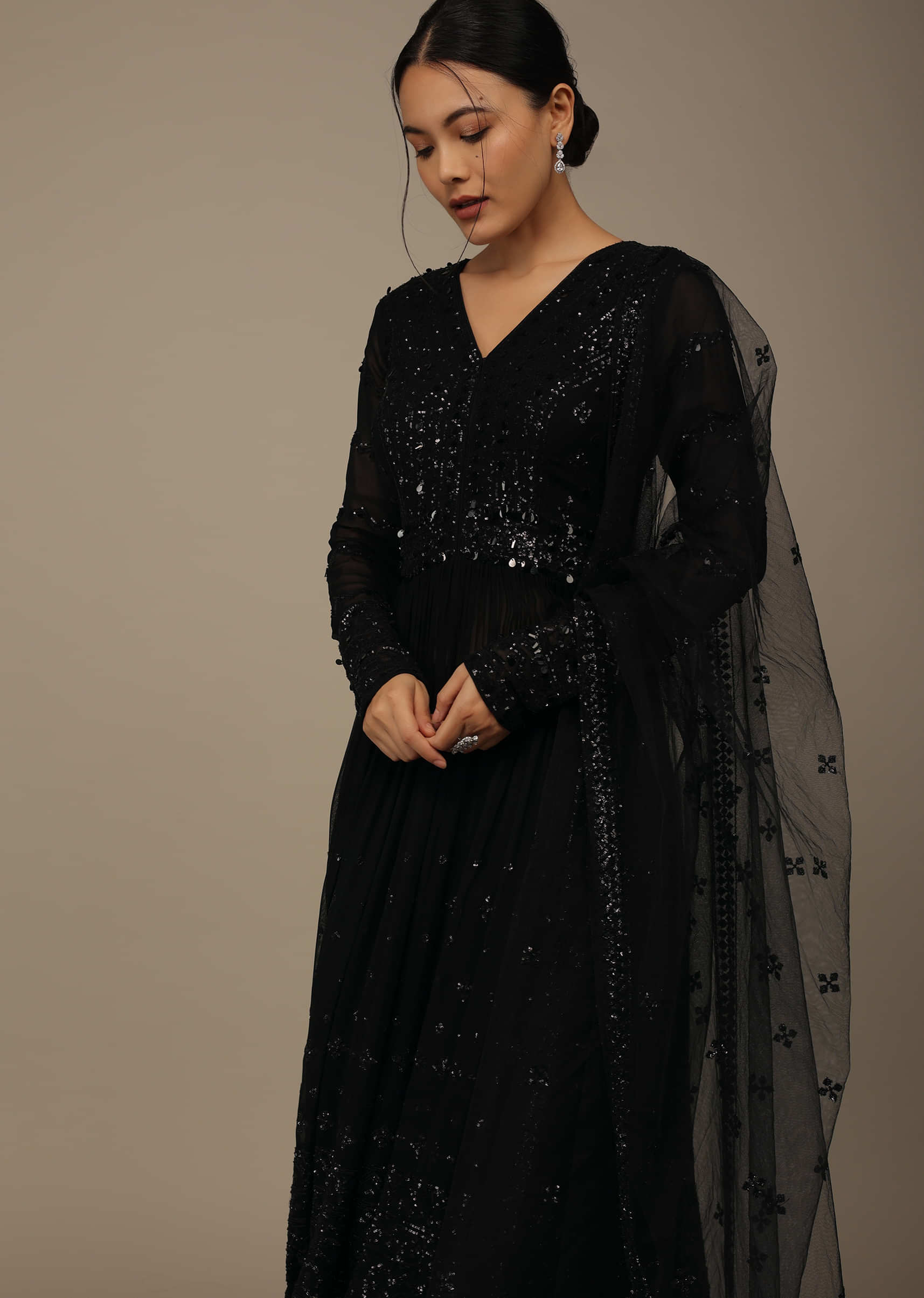 Black Festive Sharara Suit Set In Georgette With Sequins Embroidery