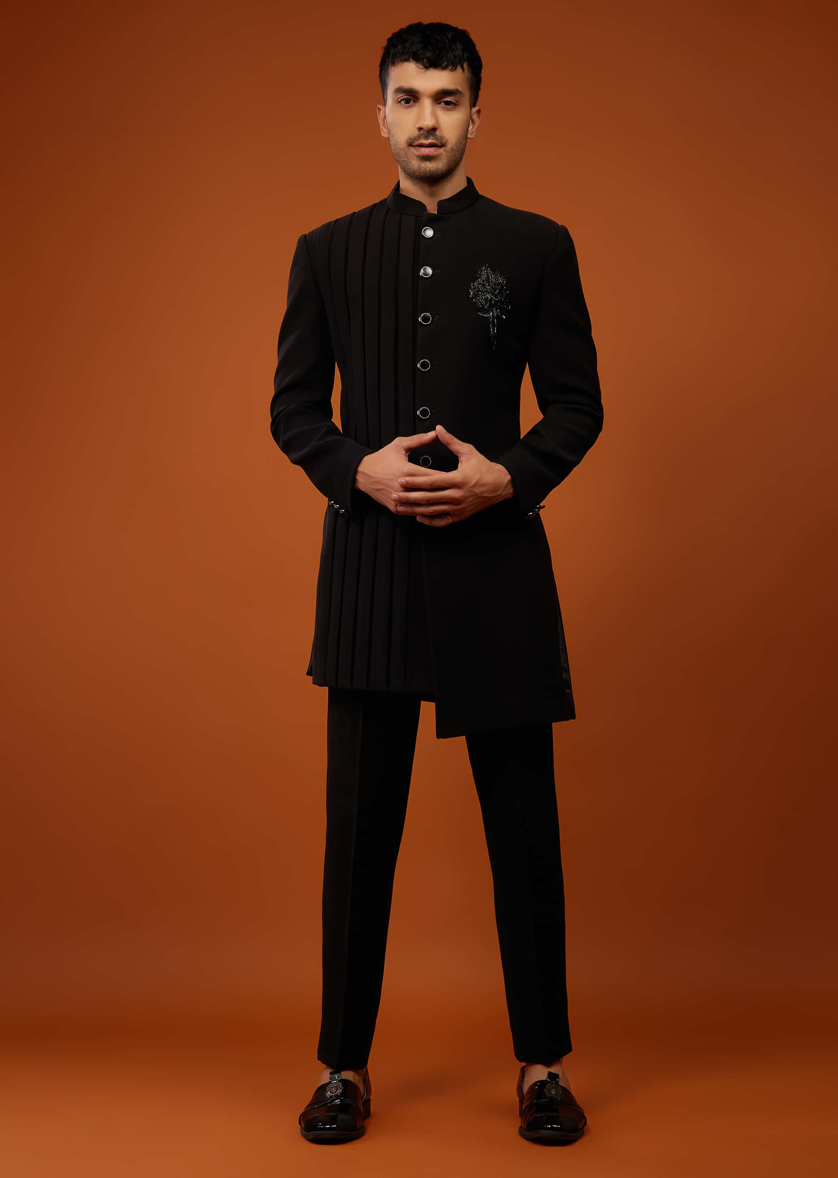 Black Indo-Western Sherwani Set Embroidered In Imported Suiting Fabric