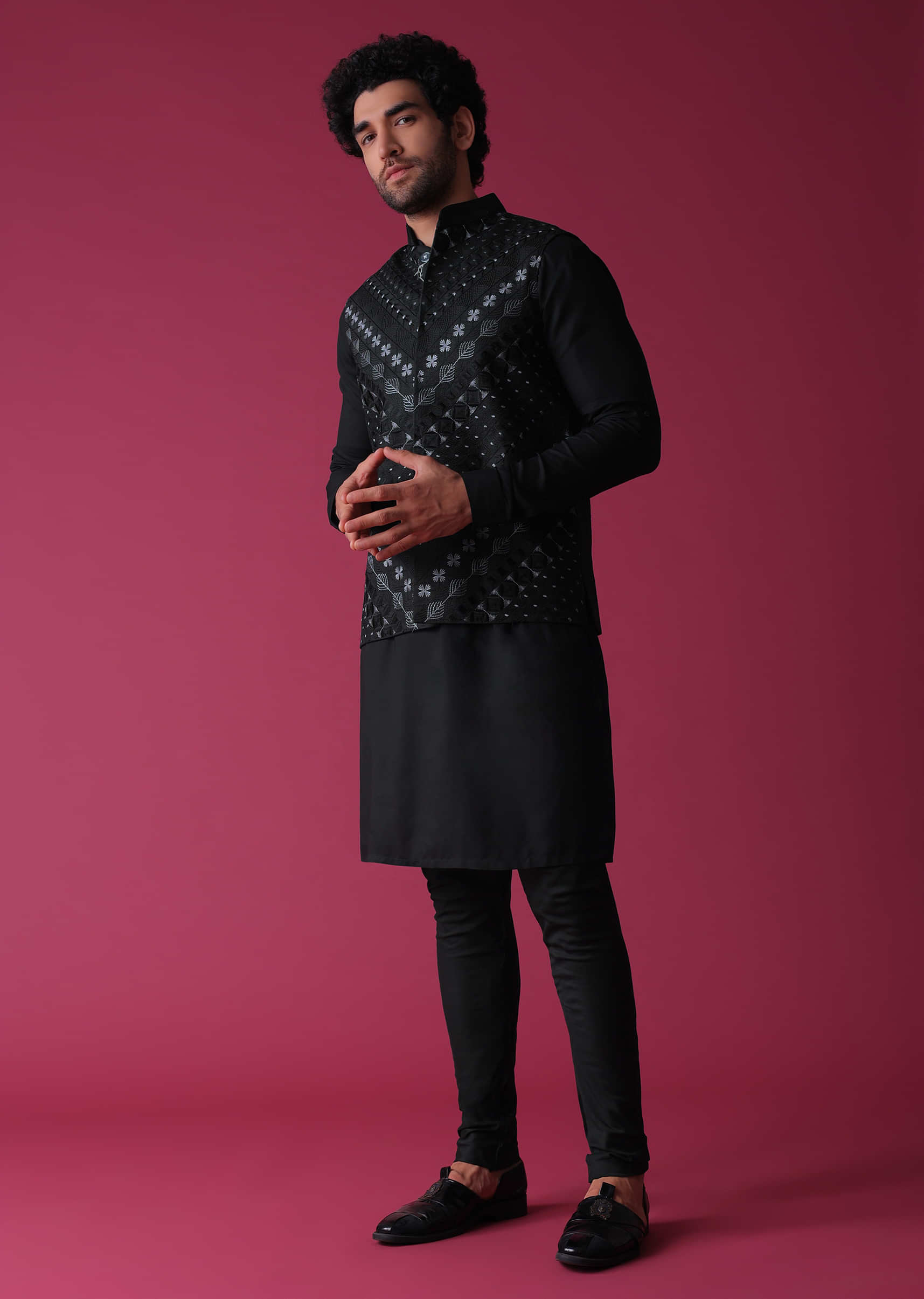 Black Jacket Kurta Set In Terry Rayon Adorned With Threadwork