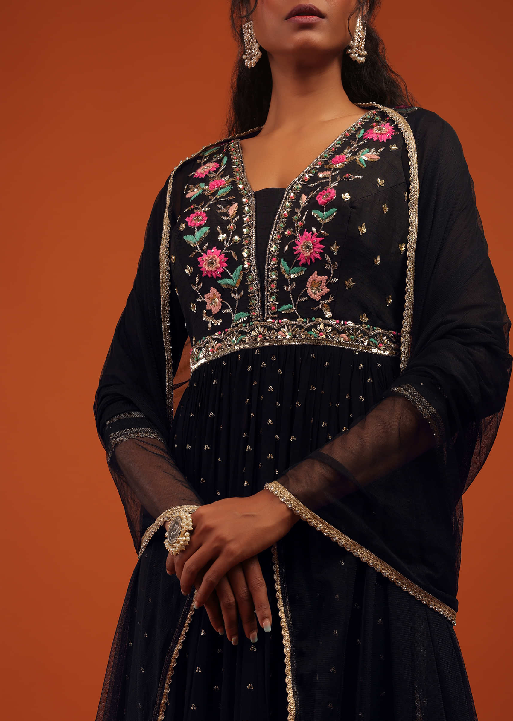 Black Palazzo Suit Set In Georgette With Multi Color Embroidery