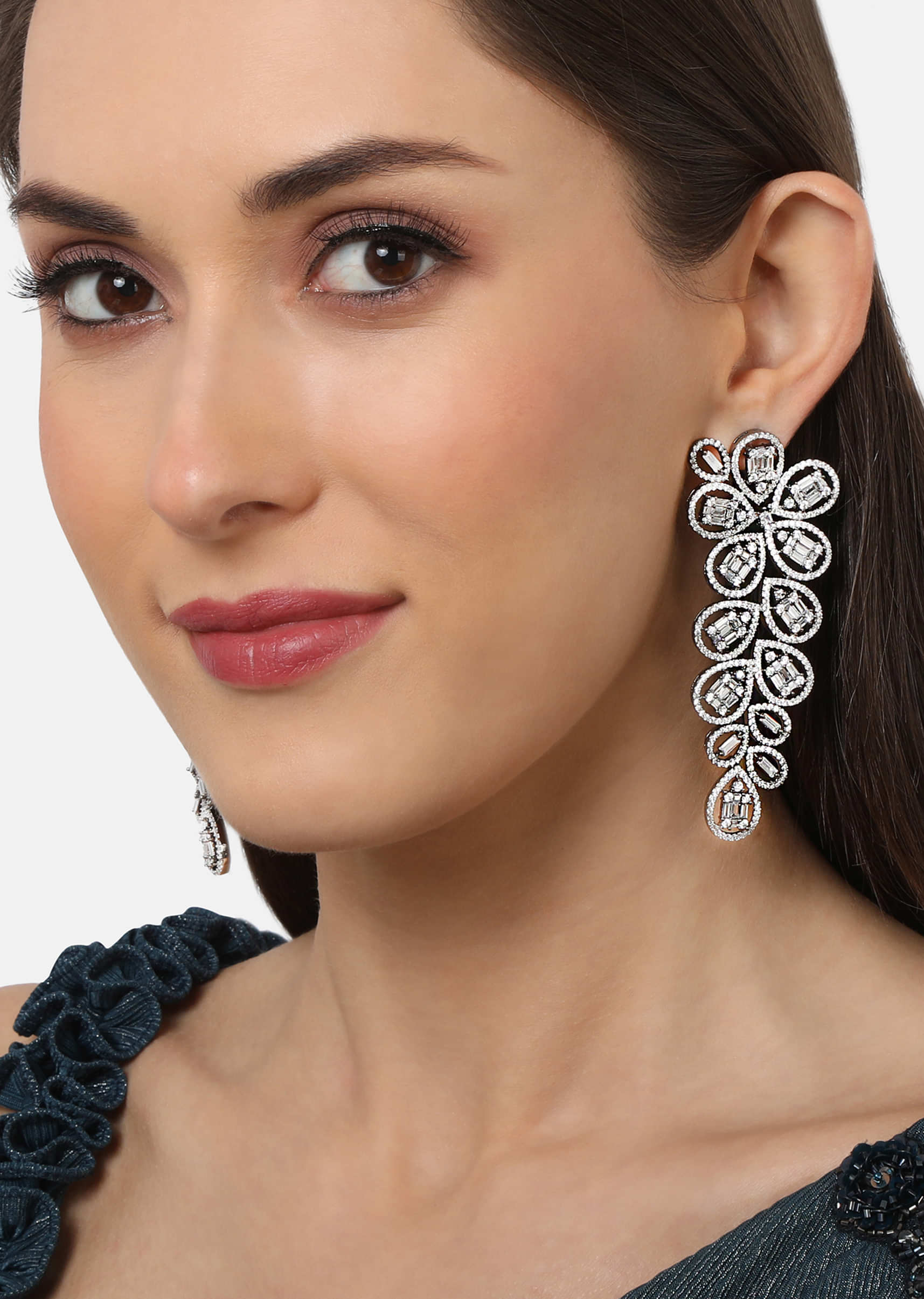 Black Rhodium Finish Earrings With Baguette Shaped Faux Diamonds In Pear Motifs By Tizora