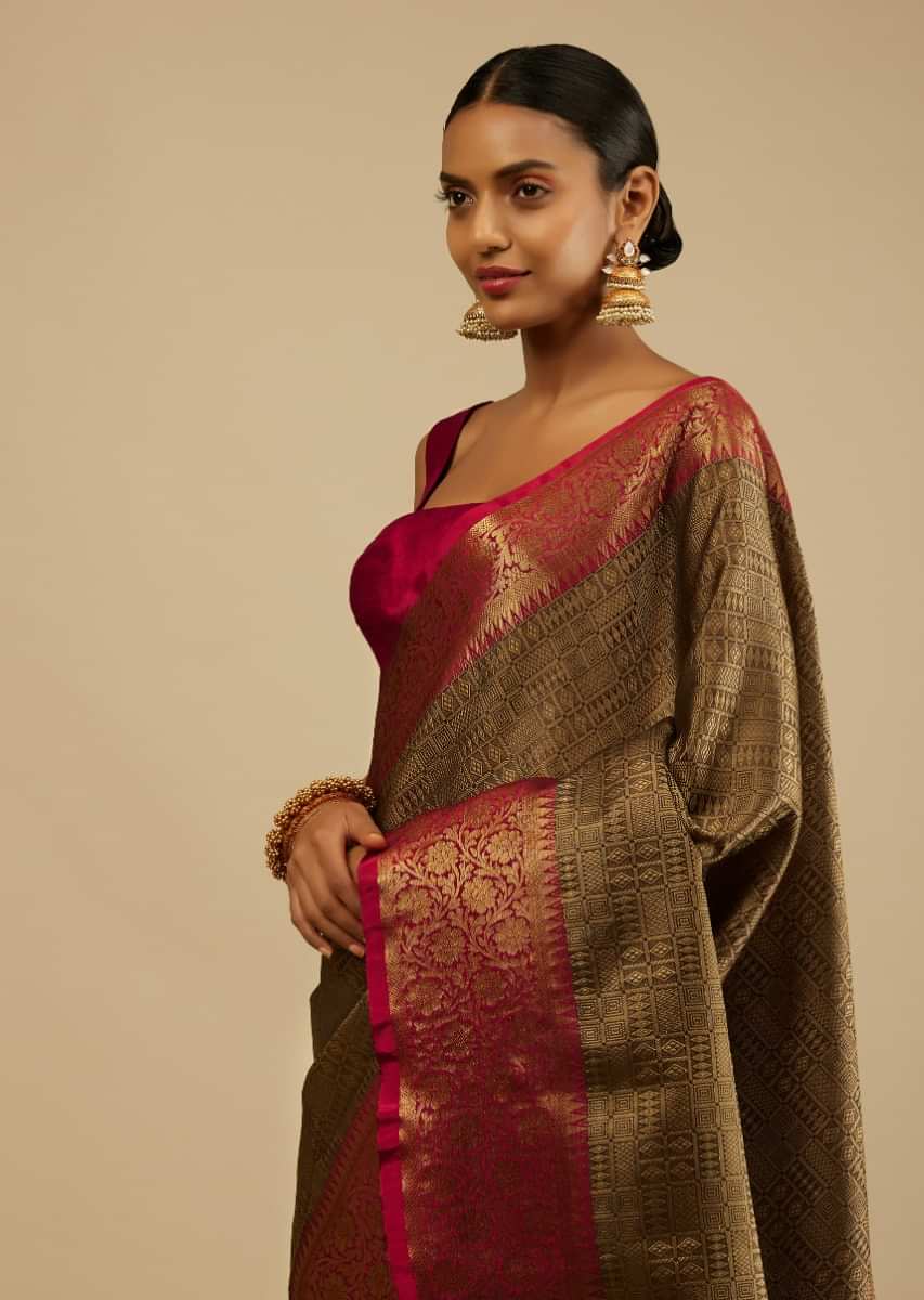Brown And Maroon Saree In Organza Silk With Deep Gold Brocade Woven Geometric Jaal Design And Unstitched Blouse  