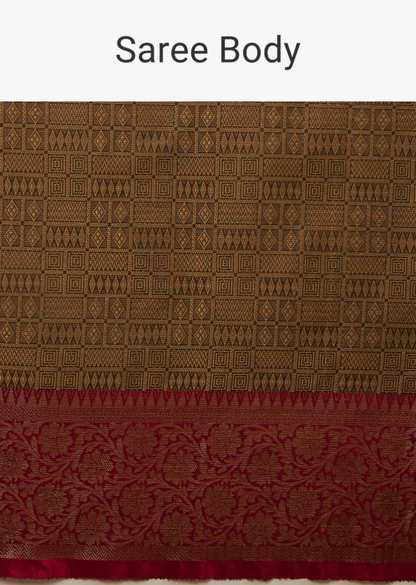 Brown And Maroon Saree In Organza Silk With Deep Gold Brocade Woven Geometric Jaal Design And Unstitched Blouse  