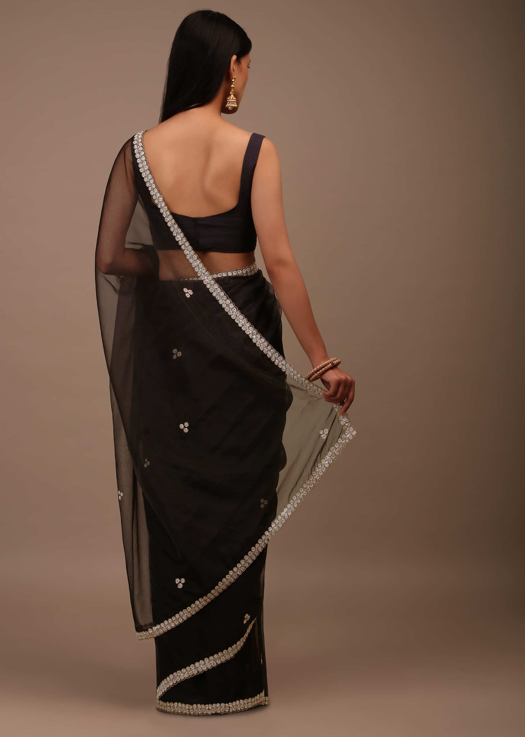 Black Saree In Organza With Hand Embellished Cut Dana And Moti Detailing On The Border