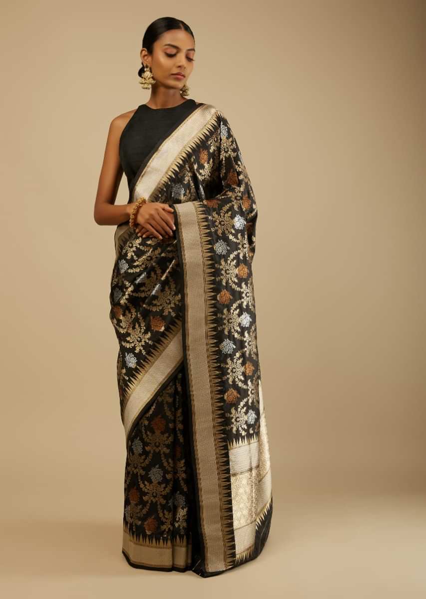 Black Saree In Art Handloom Silk With Three Toned Woven Floral Jaal, Geometric Motifs On The Pallu And Unstitched Blouse  