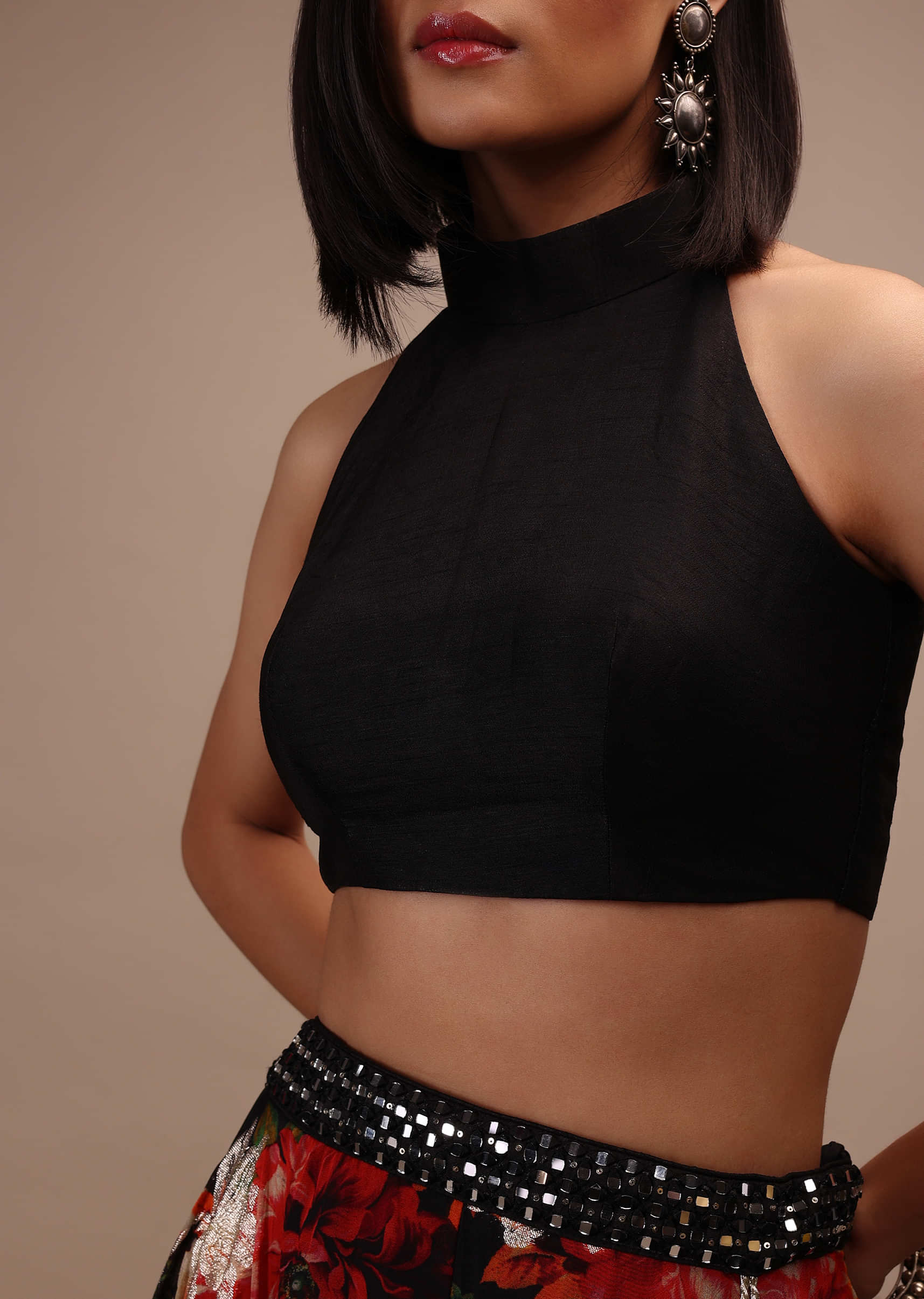 Black Sleeveless Blouse In A High Collar And A Halter Neckline Padded And Back-Zip Closure