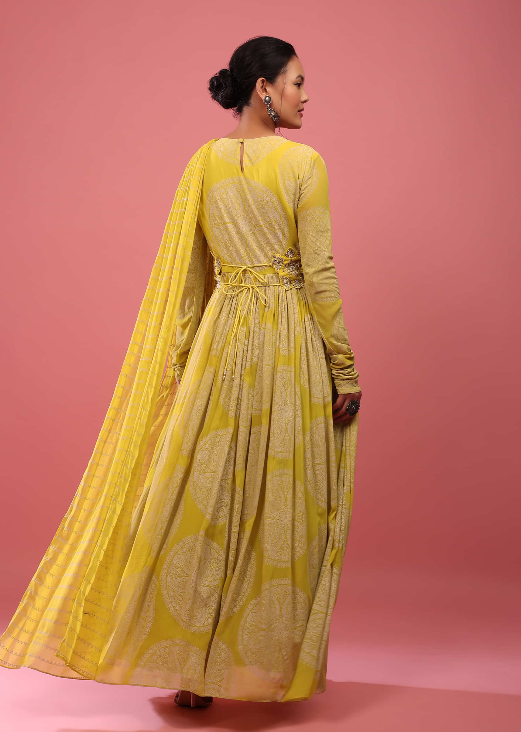 Canary Yellow Anarkali Suit In Georgette With Attached Dupatta And Floral Embroidered Waistbelt