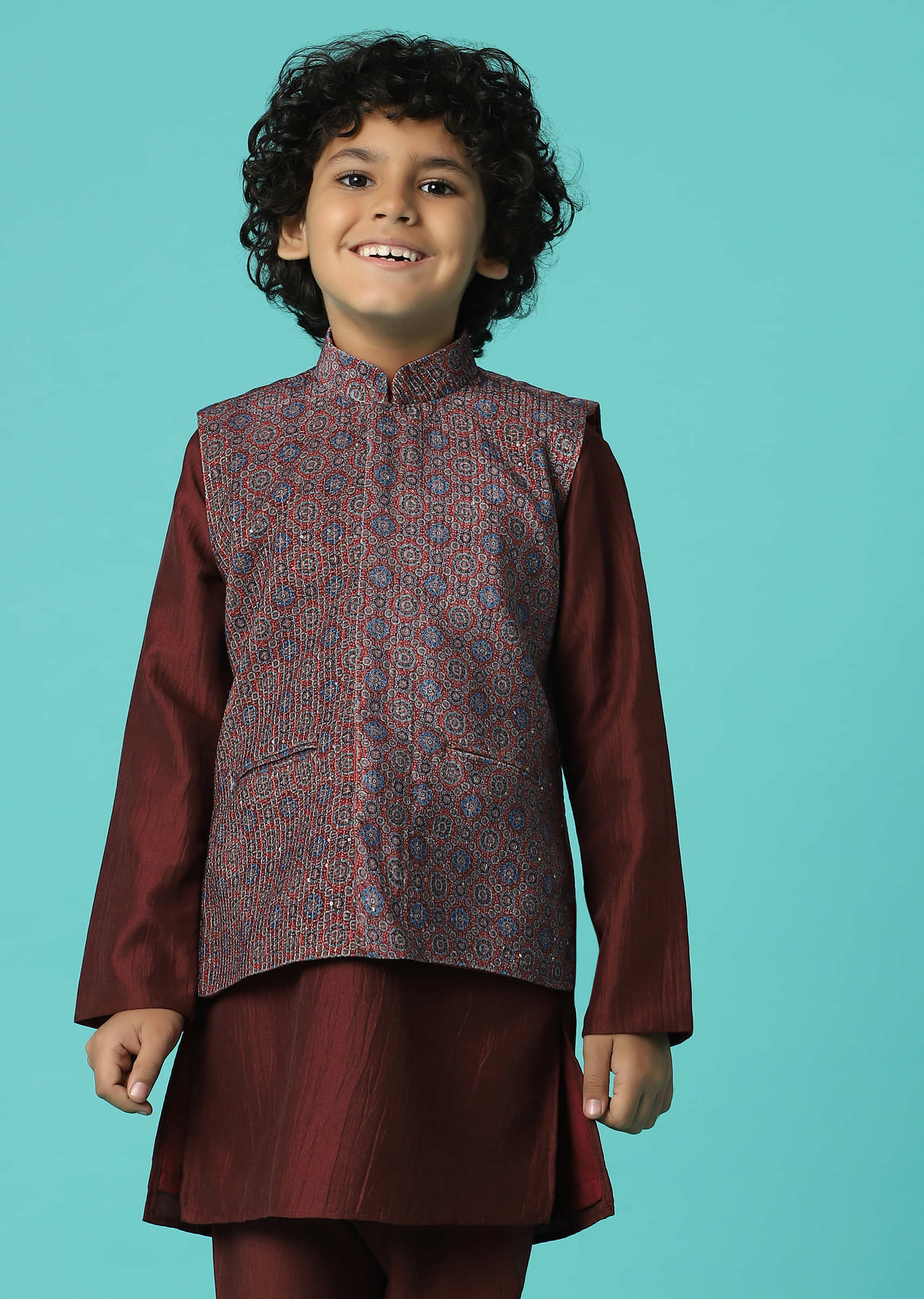 Blood Red Jacket Kurta Set In Silk With Sequins Embroidery