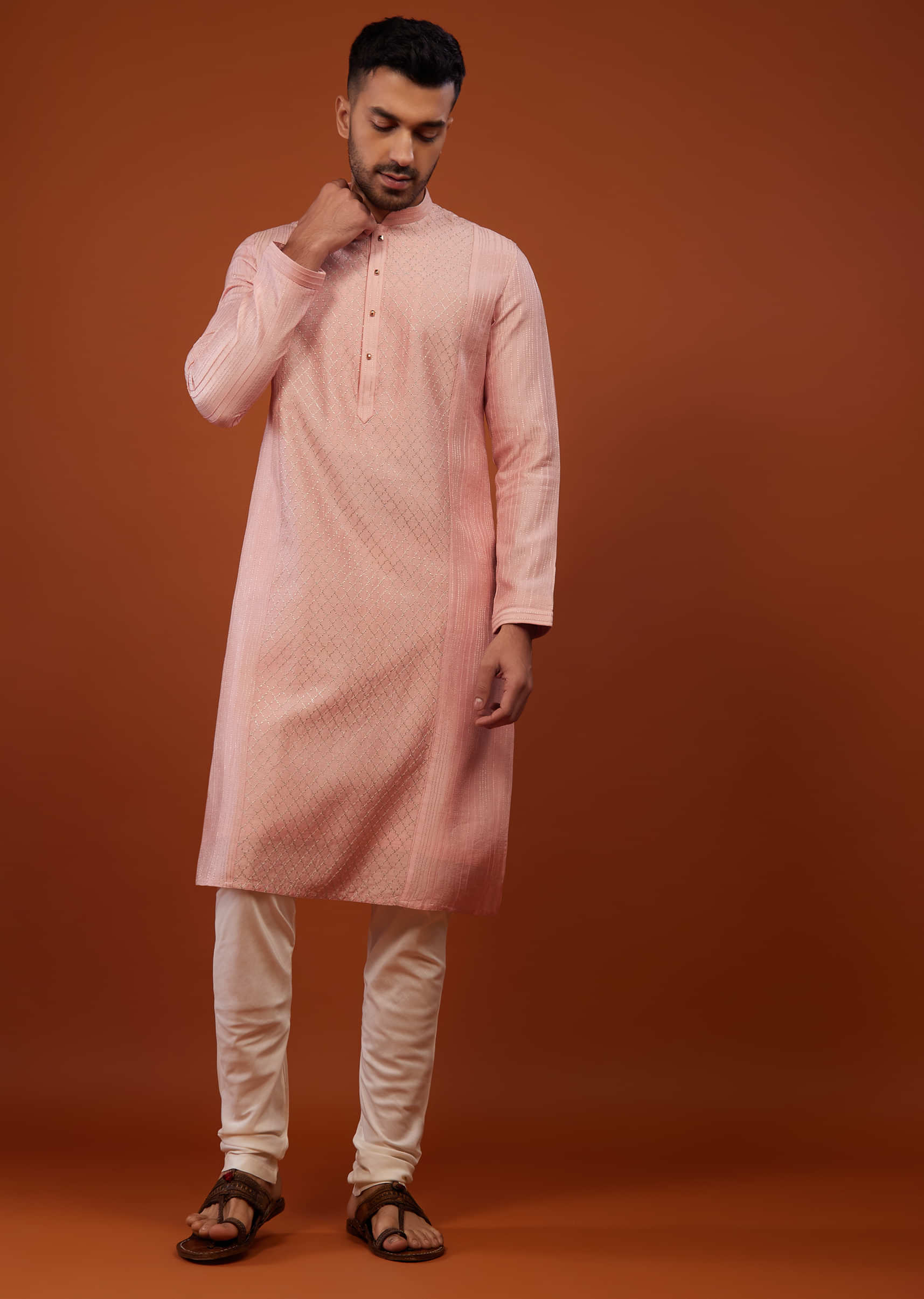 Powder Pink Embroidered Kurta Set With Zari Work In Cotton Silk
