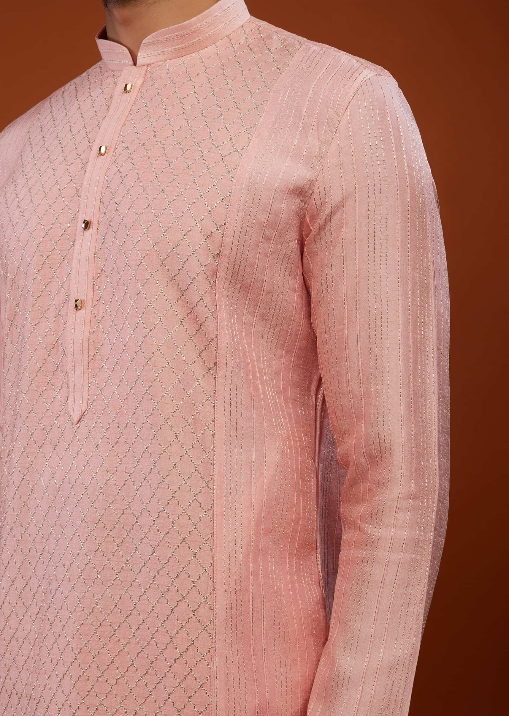 Powder Pink Embroidered Kurta Set With Zari Work In Cotton Silk