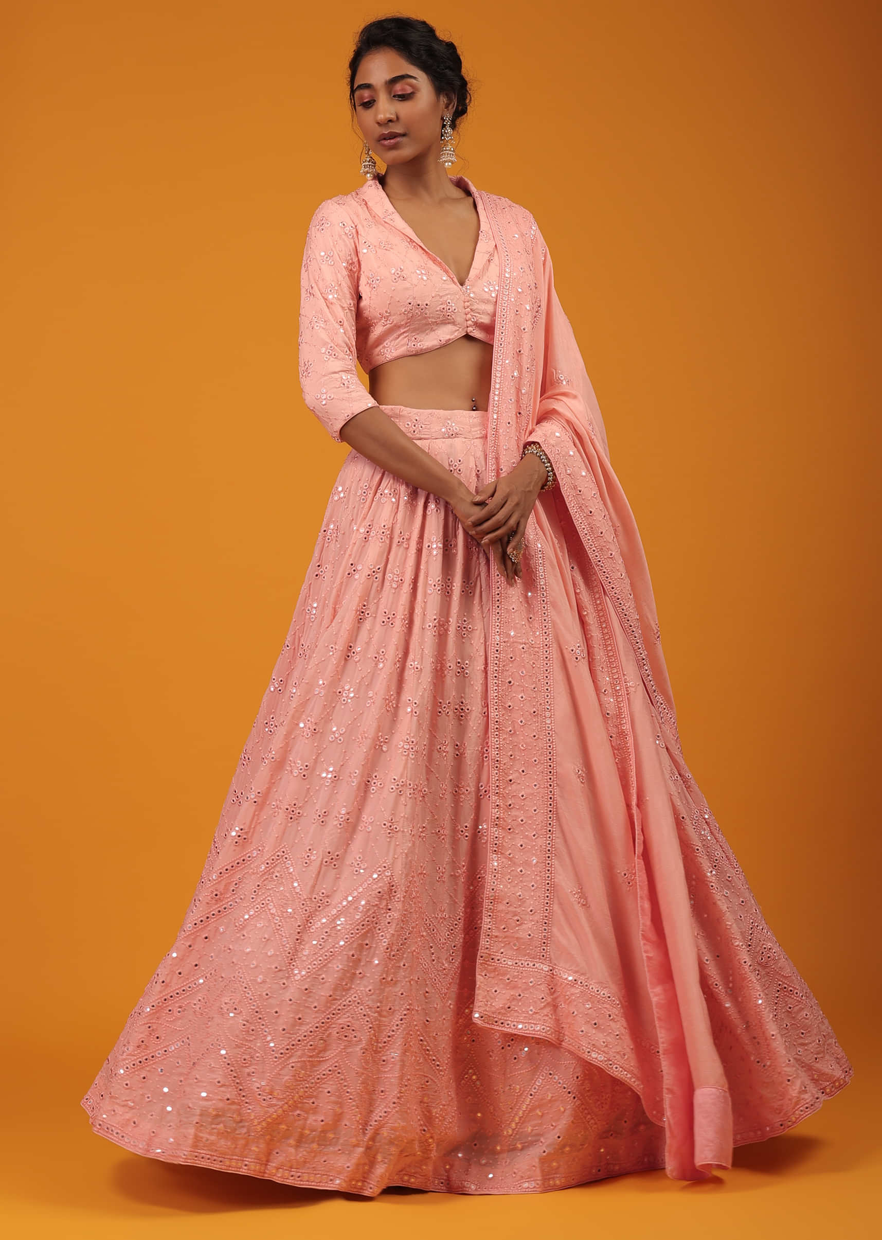 Blossom Pink Lehenga And Crop Top With Abla Work And Lucknowi Embroidery