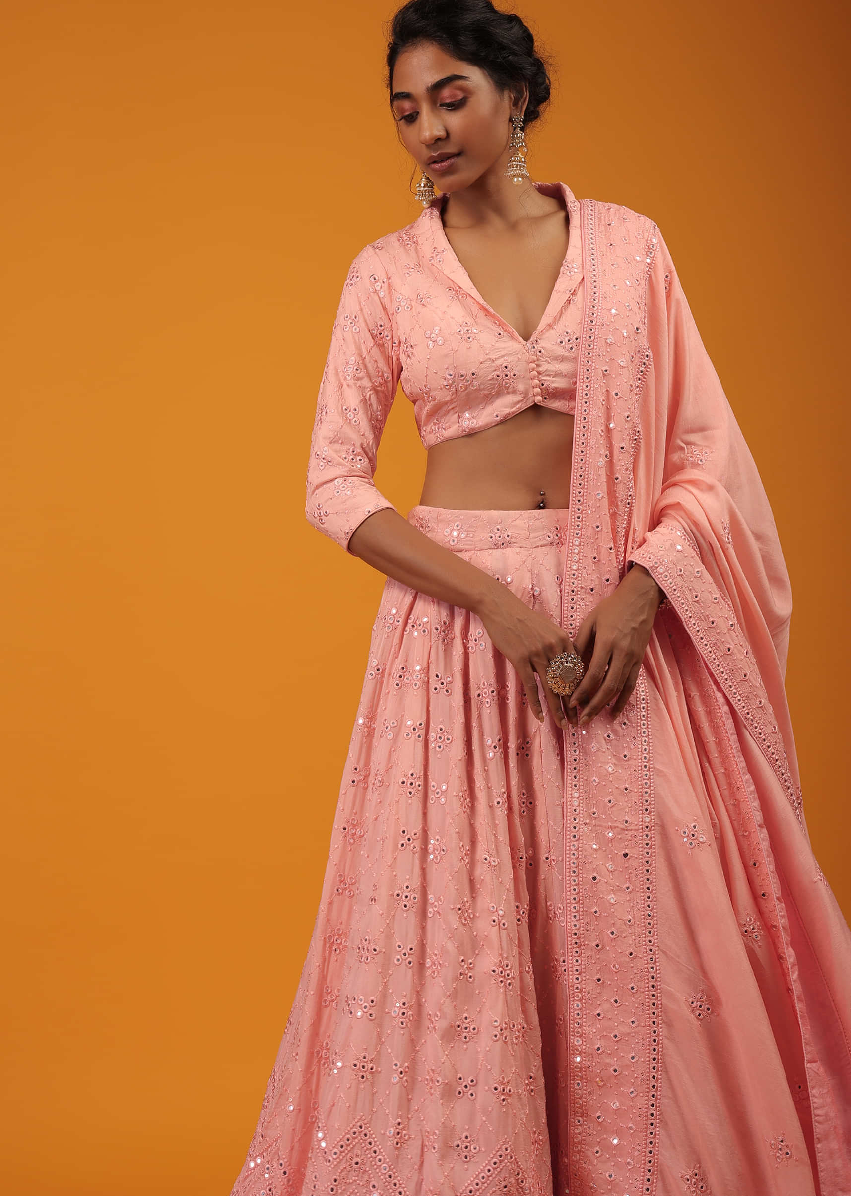 Blossom Pink Lehenga And Crop Top With Abla Work And Lucknowi Embroidery