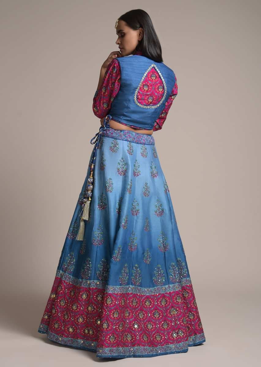 Blue Ombre Printed Lehenga Choli With Floral Motifs And Magenta Moroccan Border Along With Gotta Patti Accents 