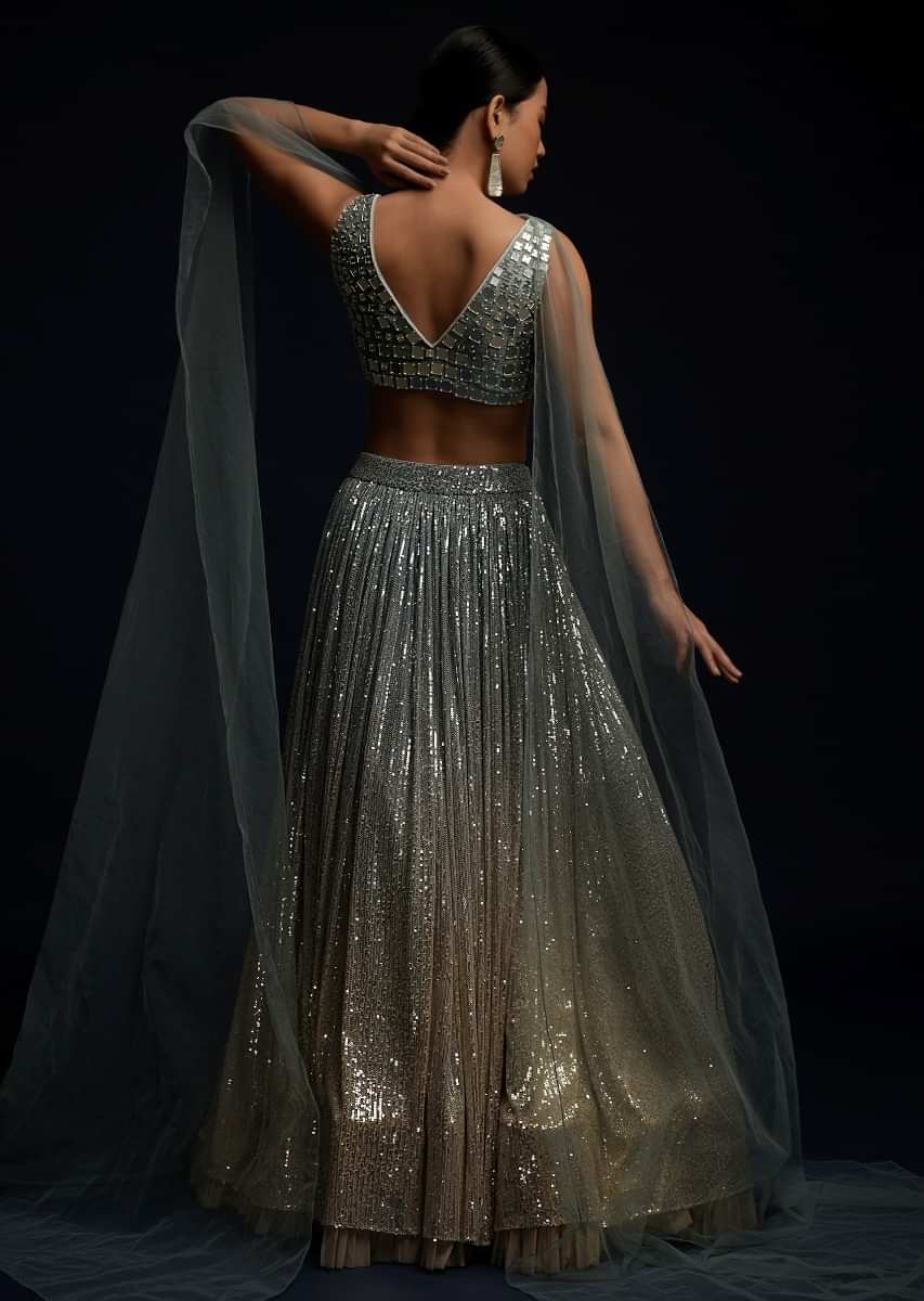 Blue And Beige Shaded Lehenga Embellished In Sequins With Organza Frill And Mirror Embellished Crop Top