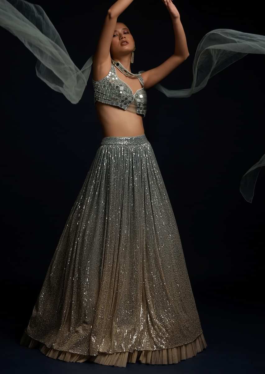 Blue And Beige Shaded Lehenga Embellished In Sequins With Organza Frill And Mirror Embellished Crop Top