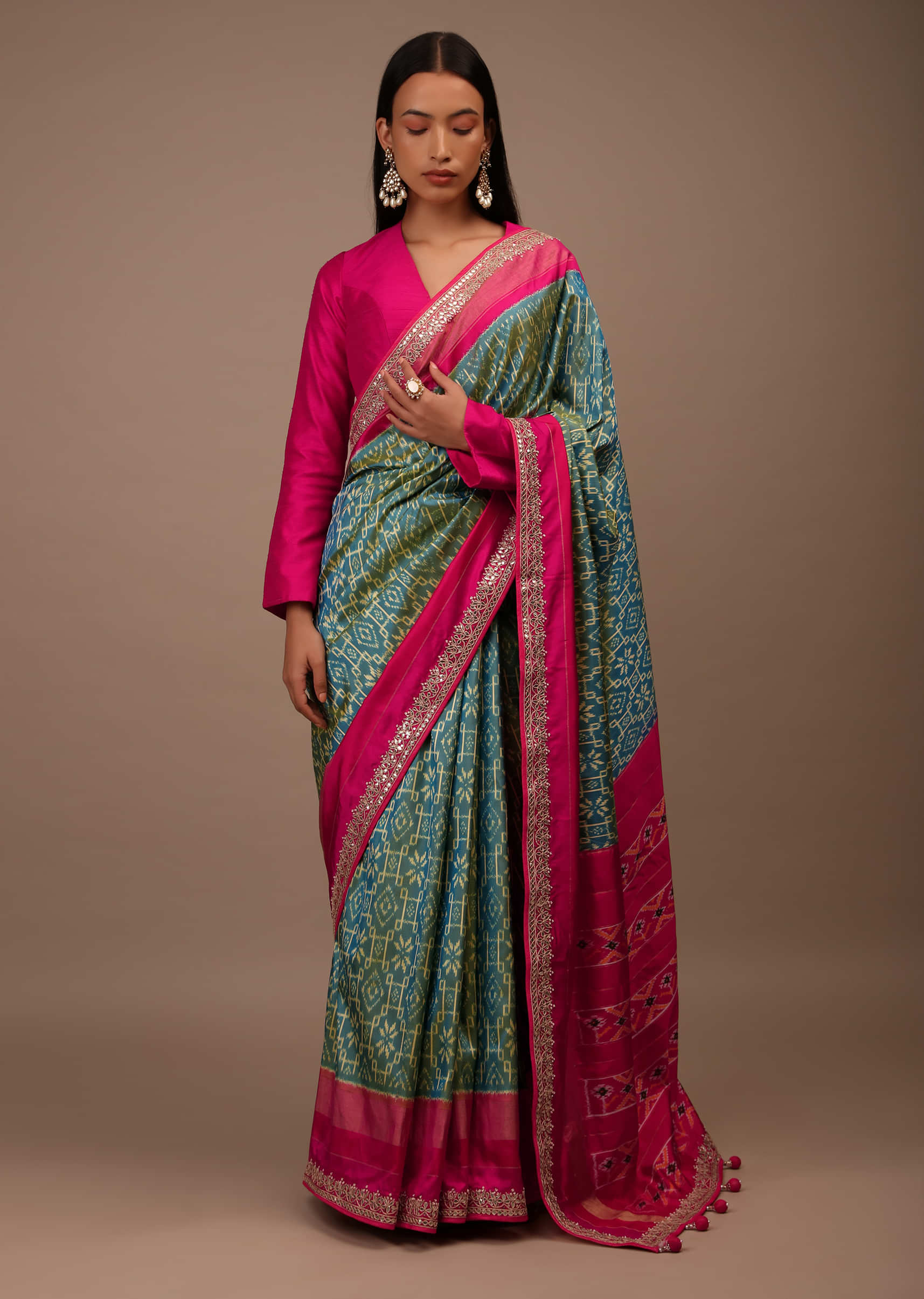 Blue And Green Two Toned Saree In Silk With Pure Patola Weave And Gotta Patti Embroidered Border