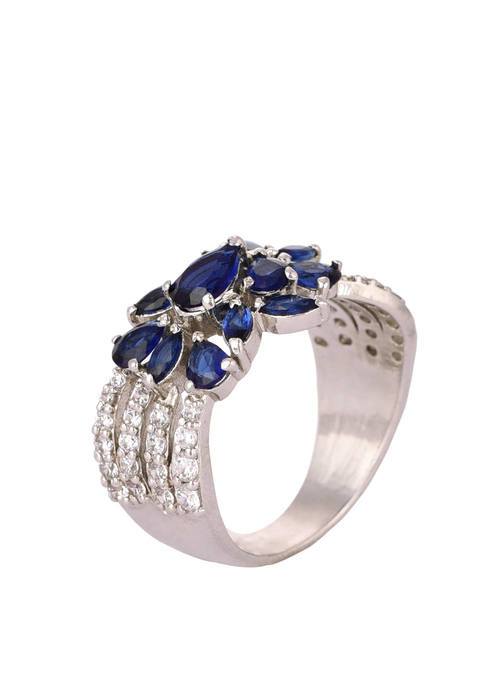 Blue And White Swarovski Cocktail Ring In 92.5 Sterling Silver