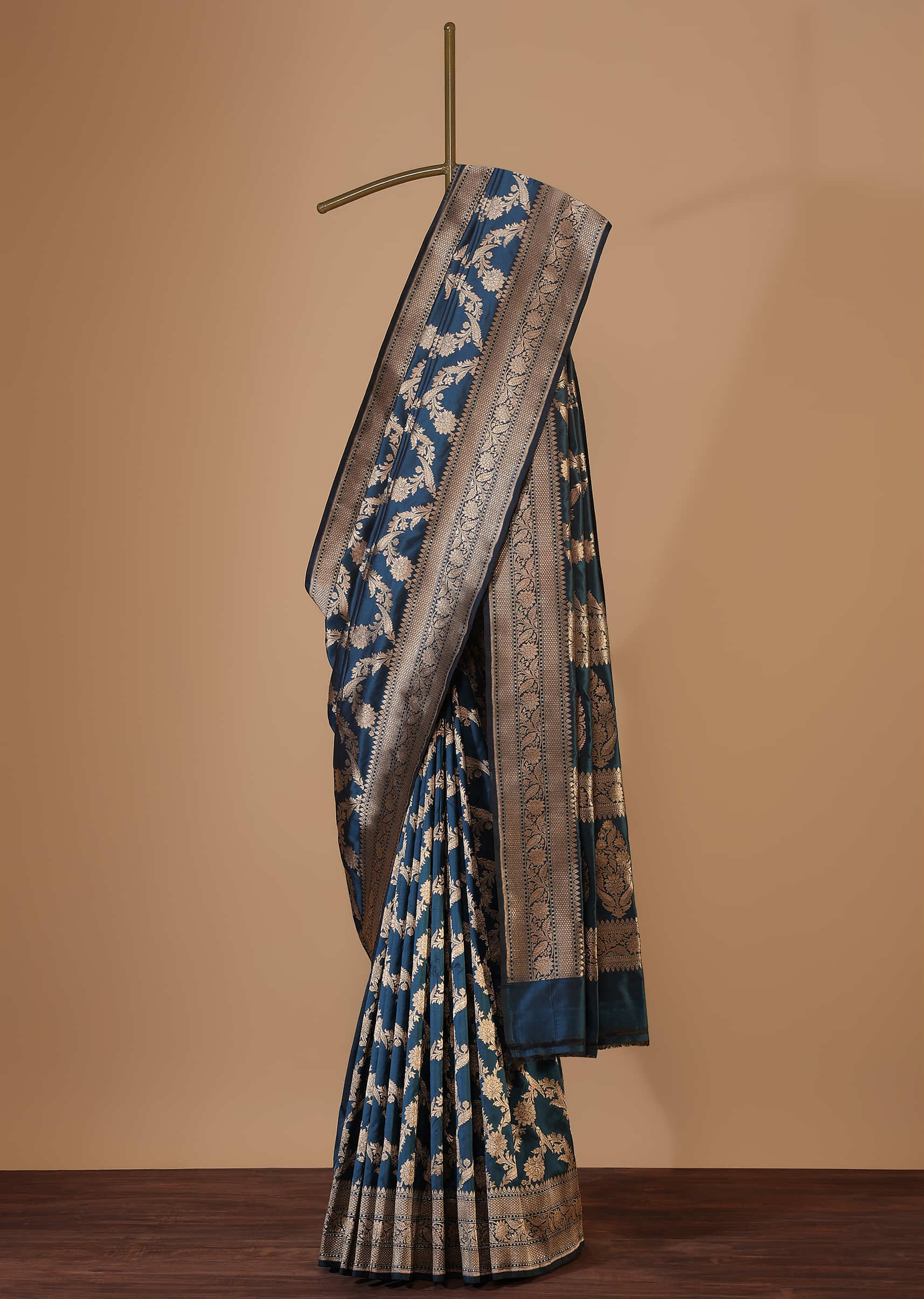 Teal Blue Banarasi Saree In Uppada Silk With Woven Zari Jaal And Unstitched Blouse